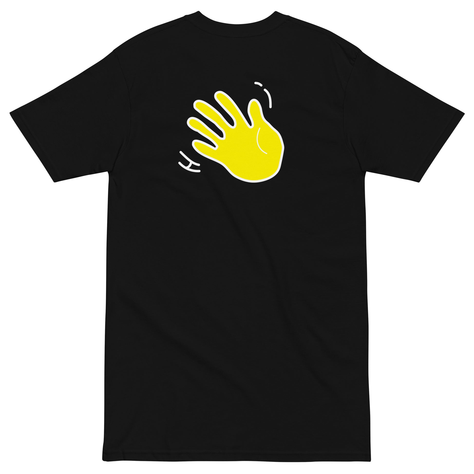 Hi Oi Portuguese Greeting T shirt in black back detail with Hi waving hand emoji