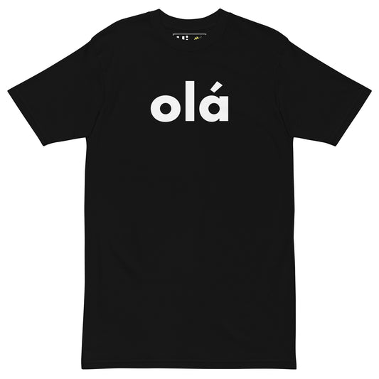 Hi Ola Portuguese Greeting T shirt in black front