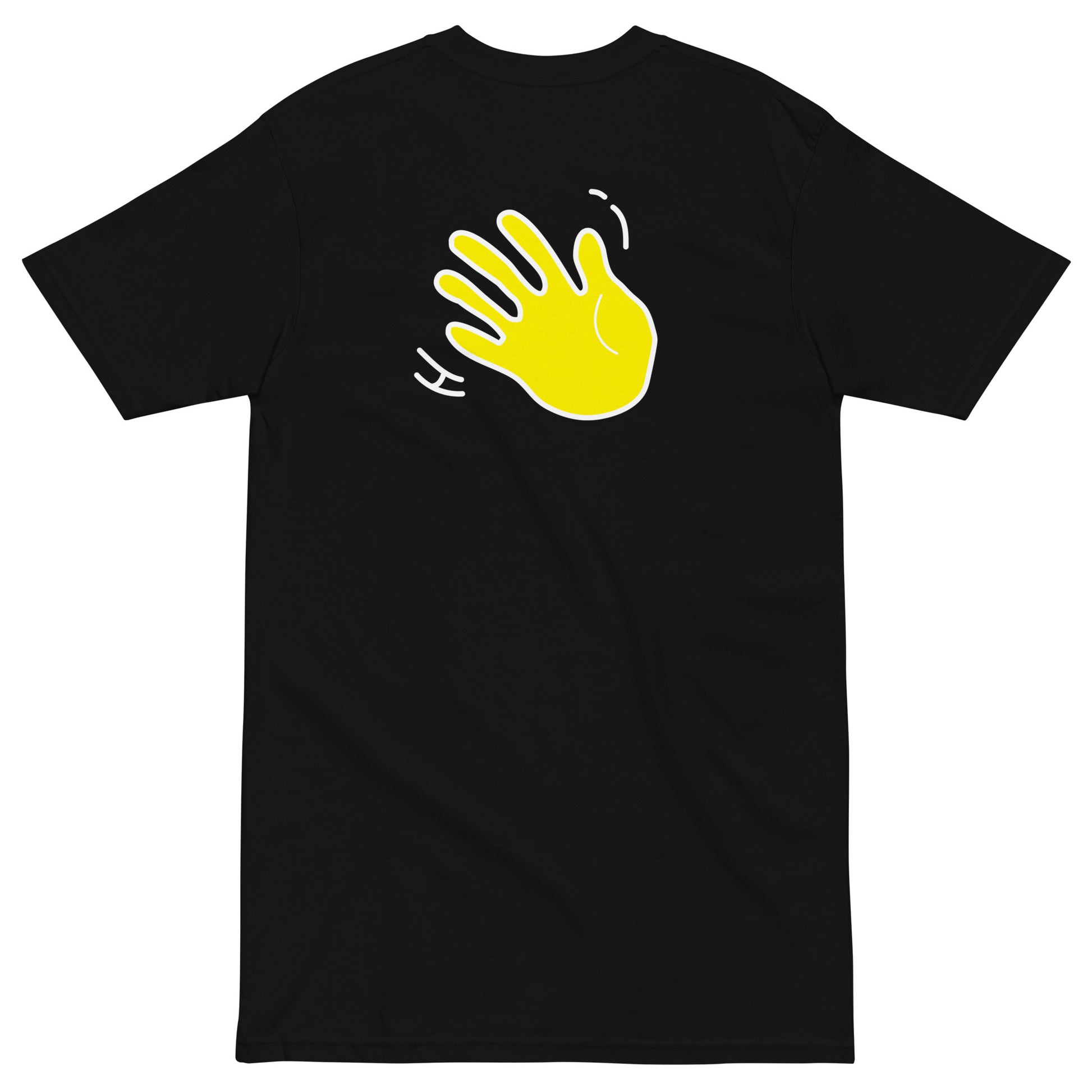 Hi Pronto Italian Greeting T Shirt by happy interactions in black back detail with Hi waving hand emoji