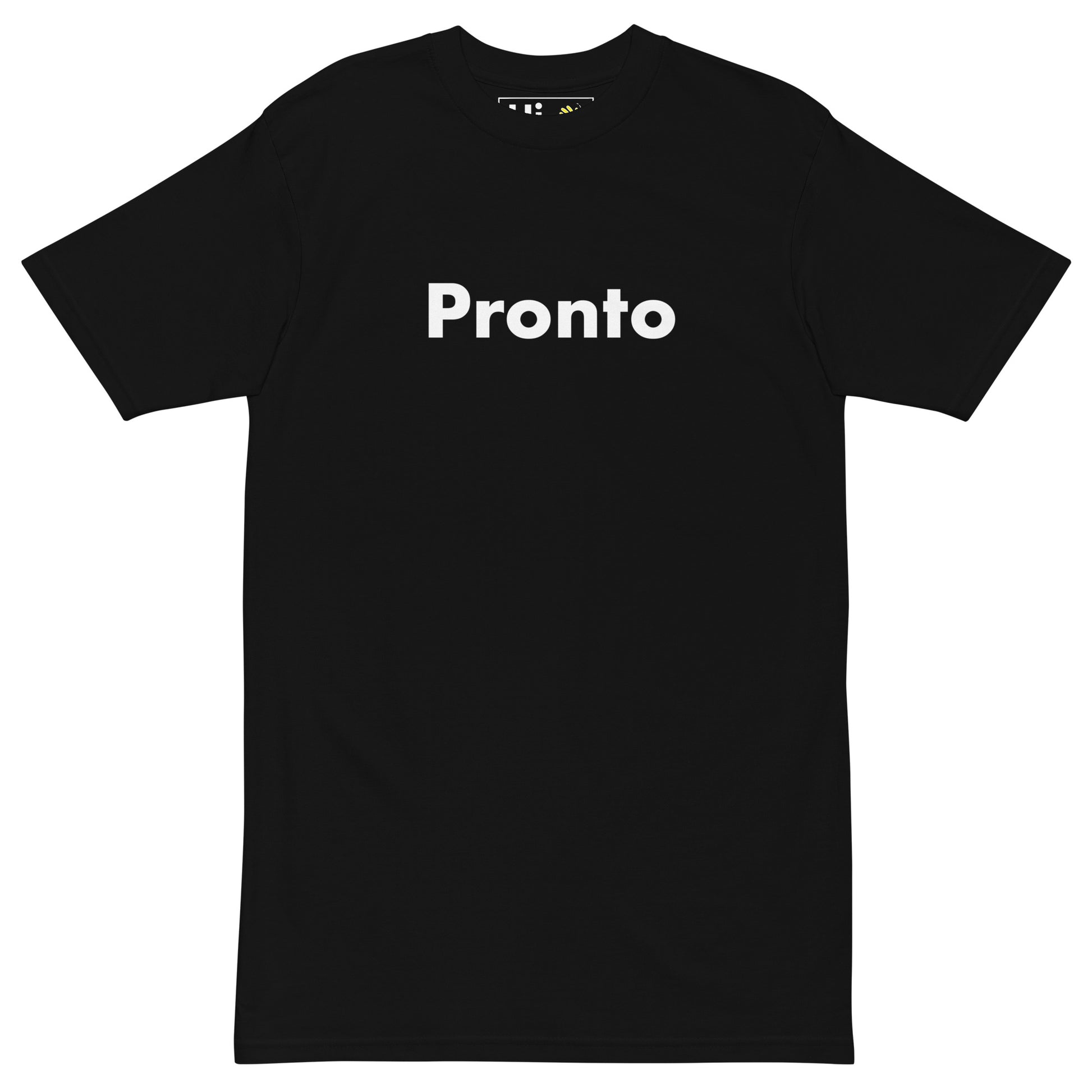 Hi Pronto Italian Greeting T Shirt by happy interactions in black front