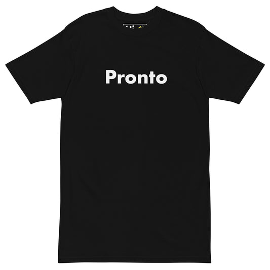 Hi Pronto Italian Greeting T Shirt by happy interactions in black front