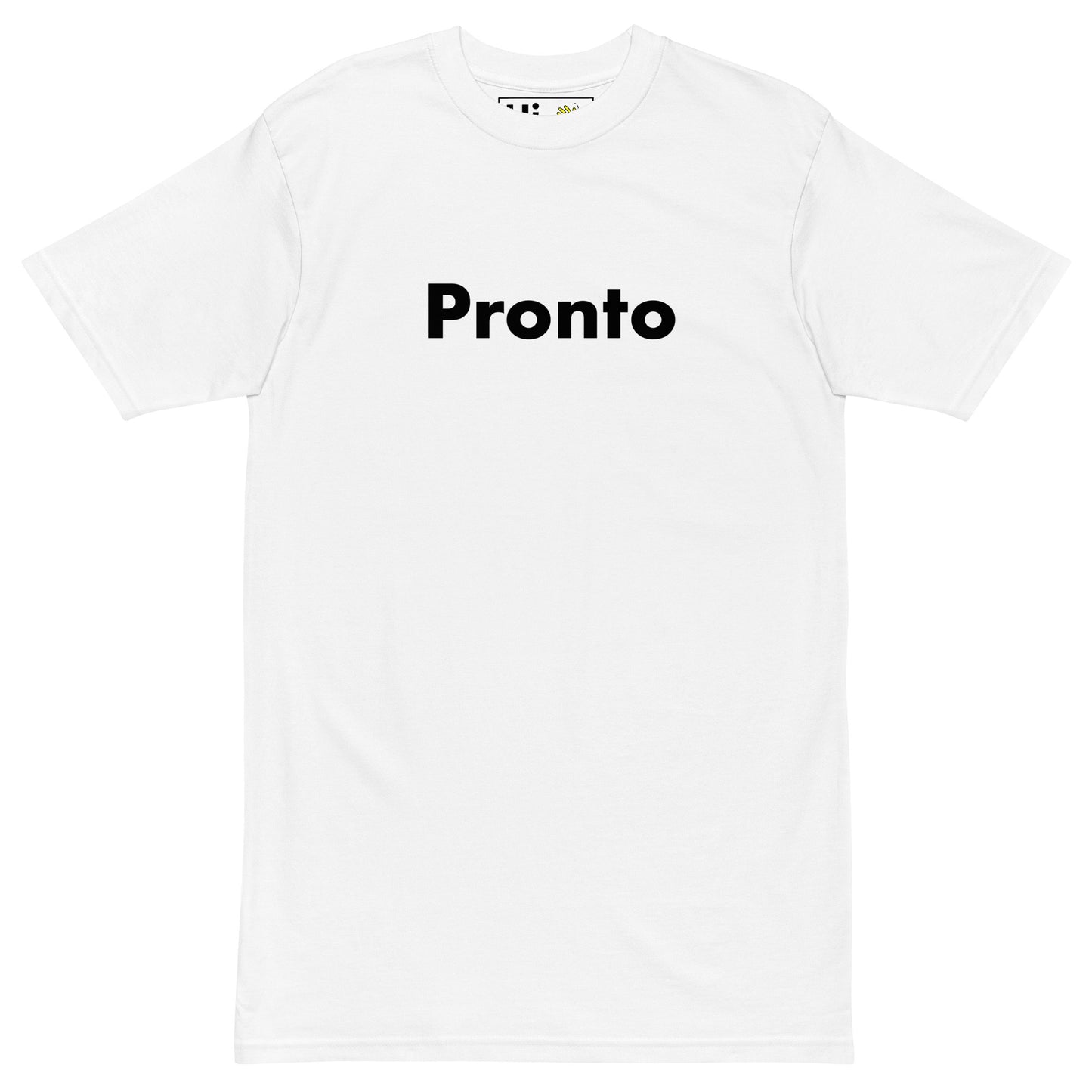 Hi Pronto Italian Greeting T Shirt by happy interactions in white front