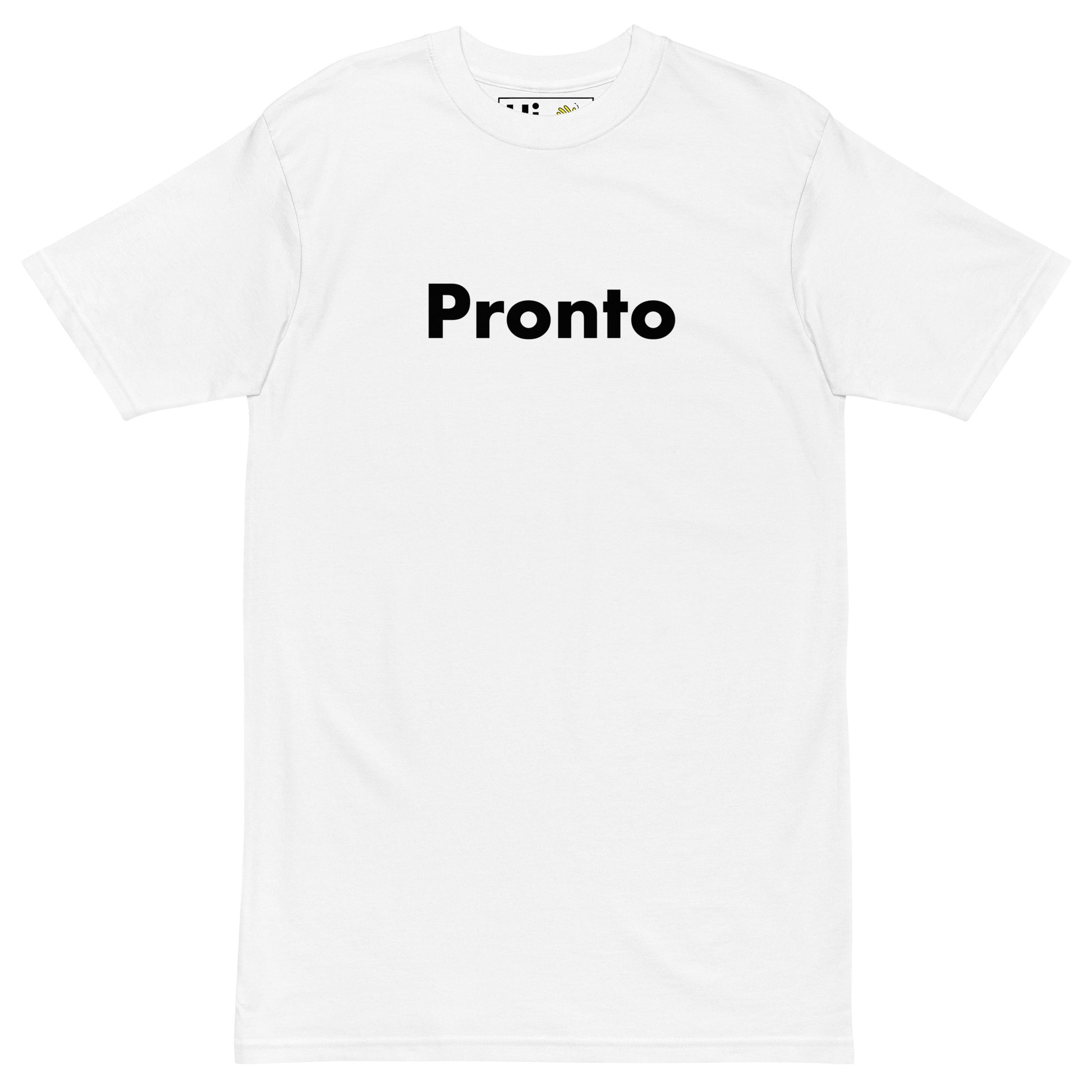 Hi Pronto Italian Greeting T Shirt by happy interactions in white front