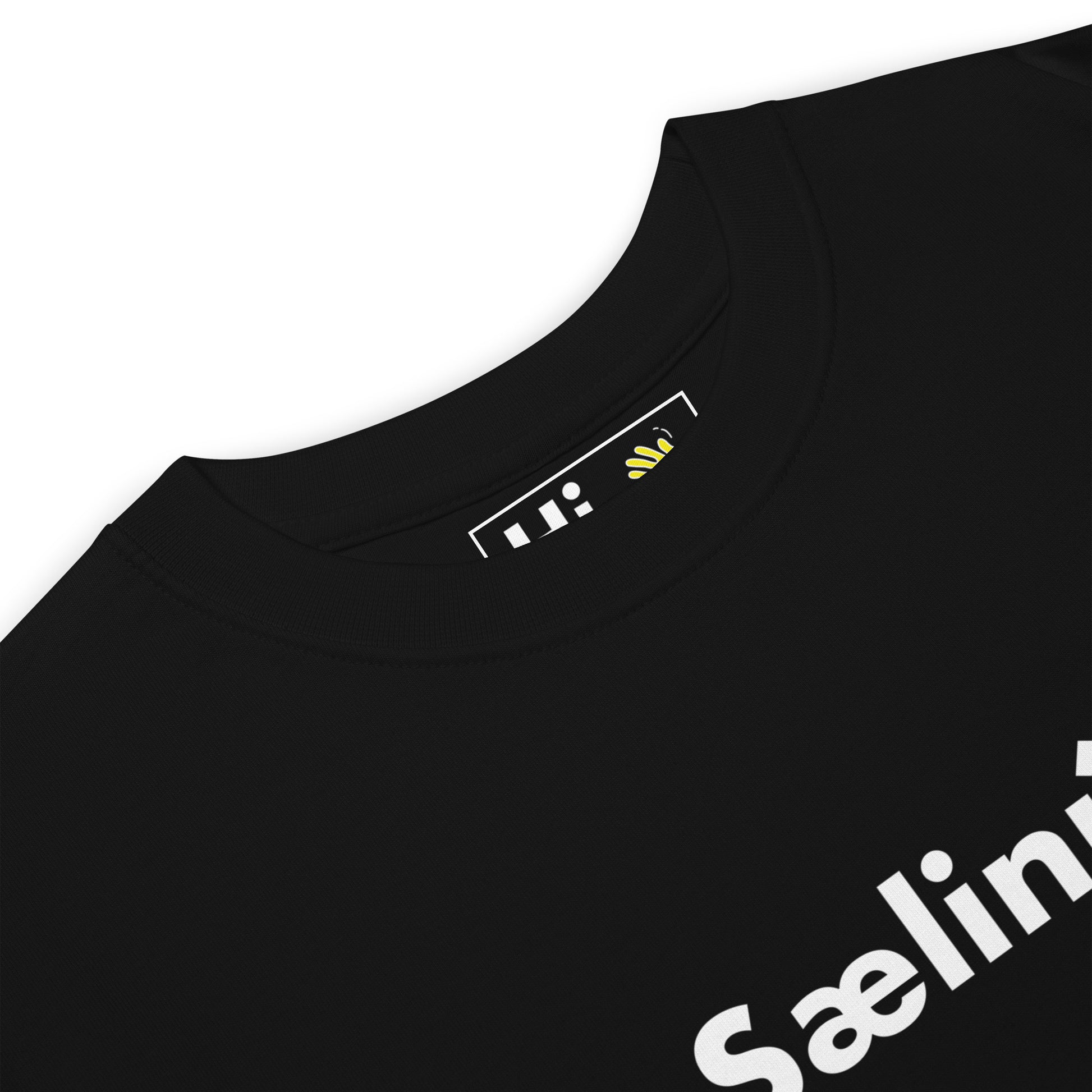 Hi Sælinú Icelandic Greeting T shirt in black front detail — a way of saying, "Hello now" in Iceland