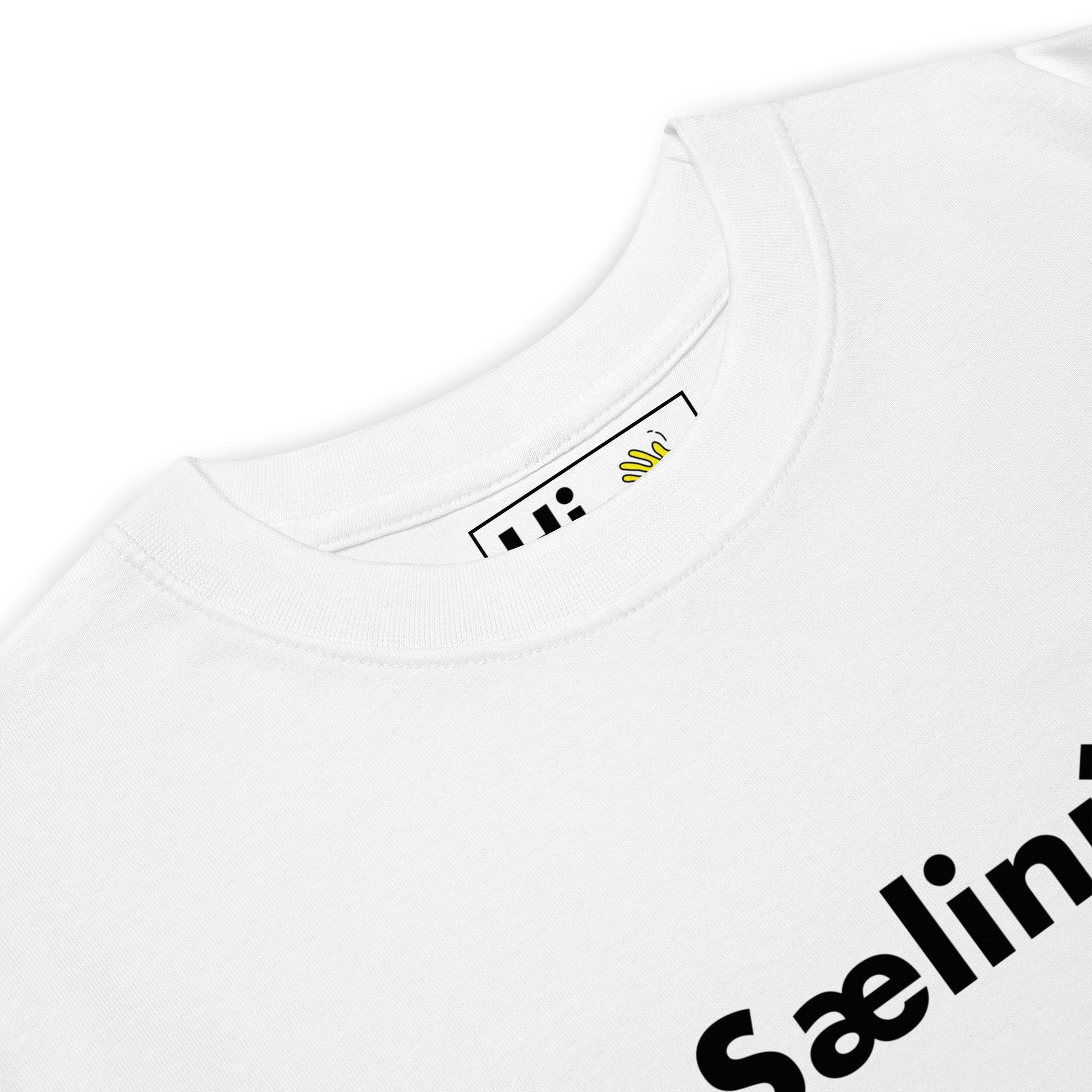 Hi Sælinú Icelandic Greeting T shirt in white front detail — a way of saying, "Hello now" in Iceland