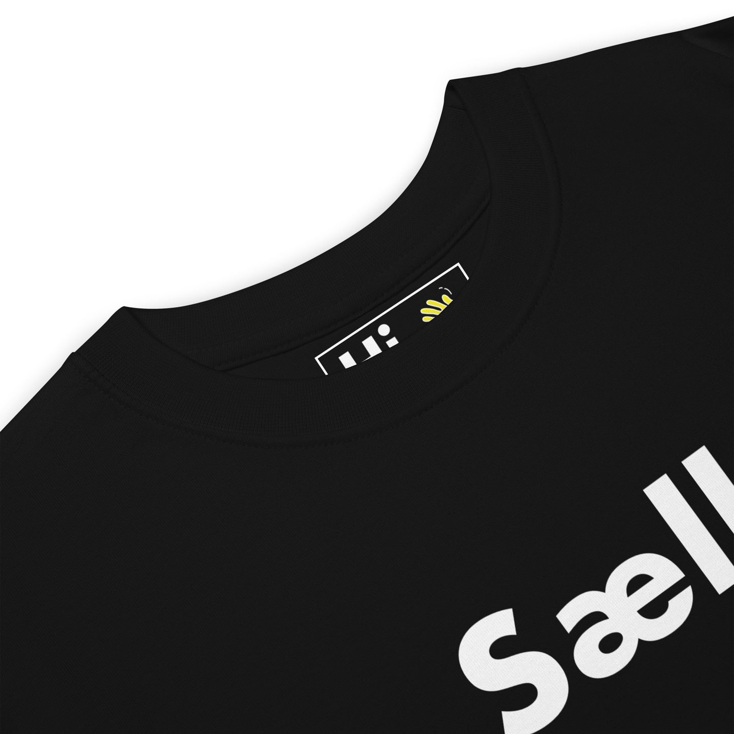 Hi Sæll Icelandic Greeting T shirt in black front detail