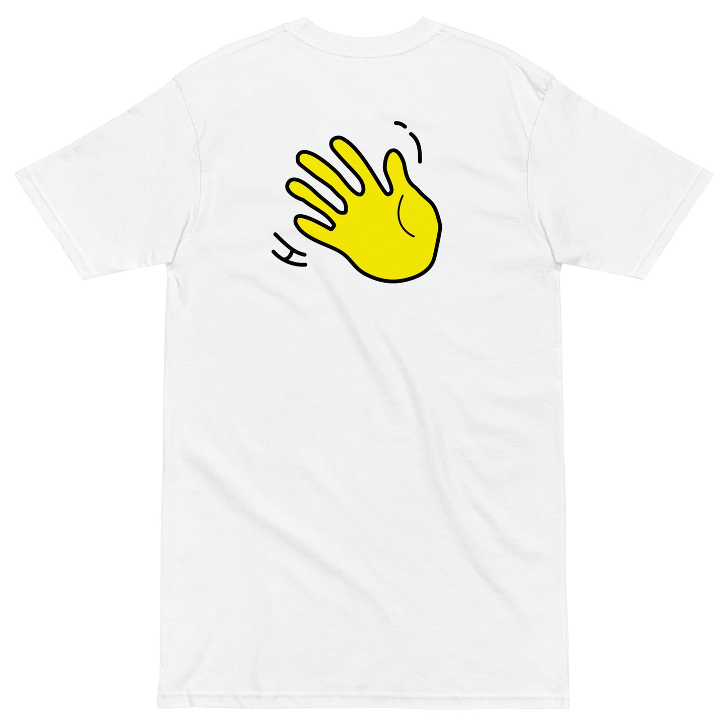 Hi Salve Italian Greeting T shirt in white back detail with waving hand Hi emoji