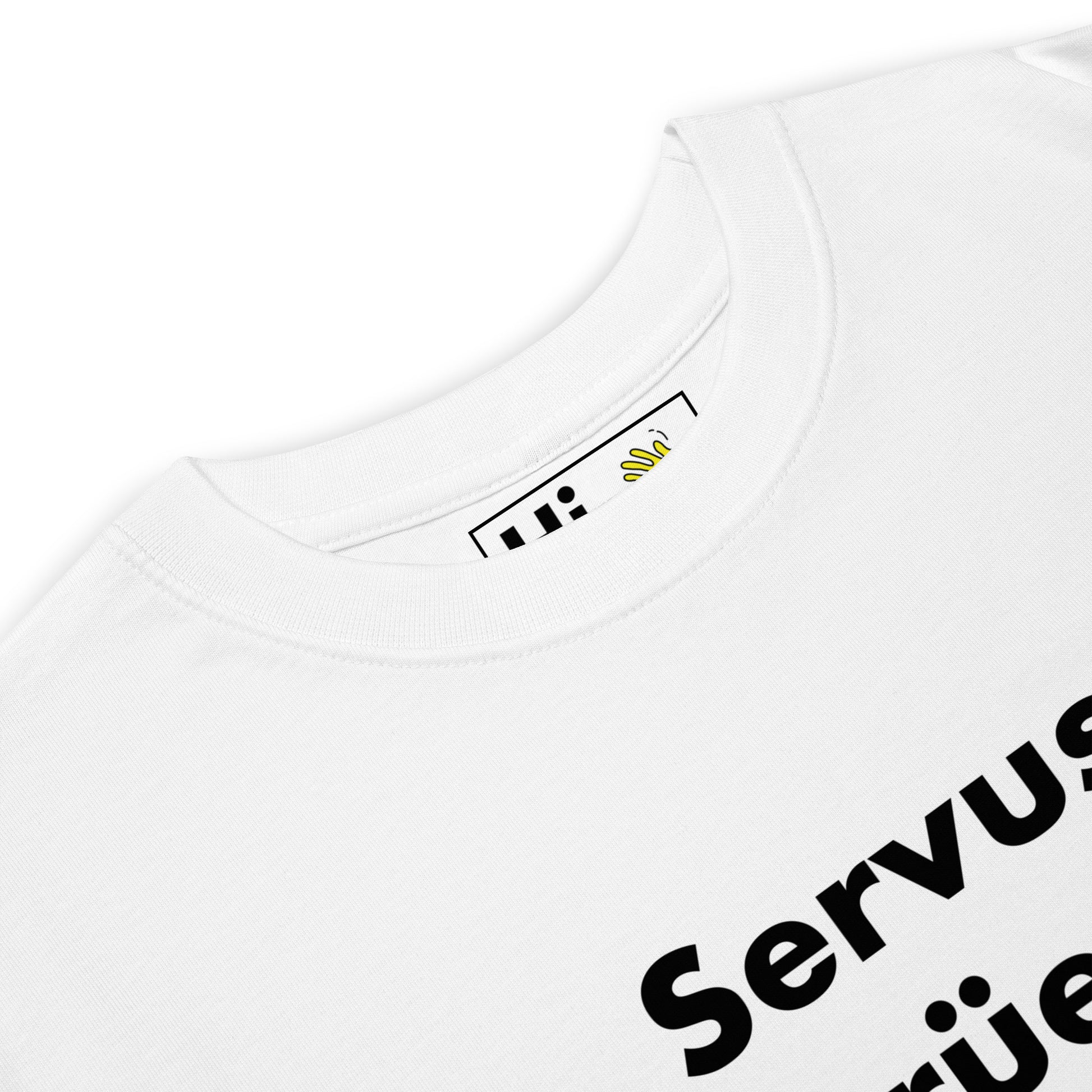 Hi Swiss German Greeting T shirt Servus Grüezi Hallo in white front detail