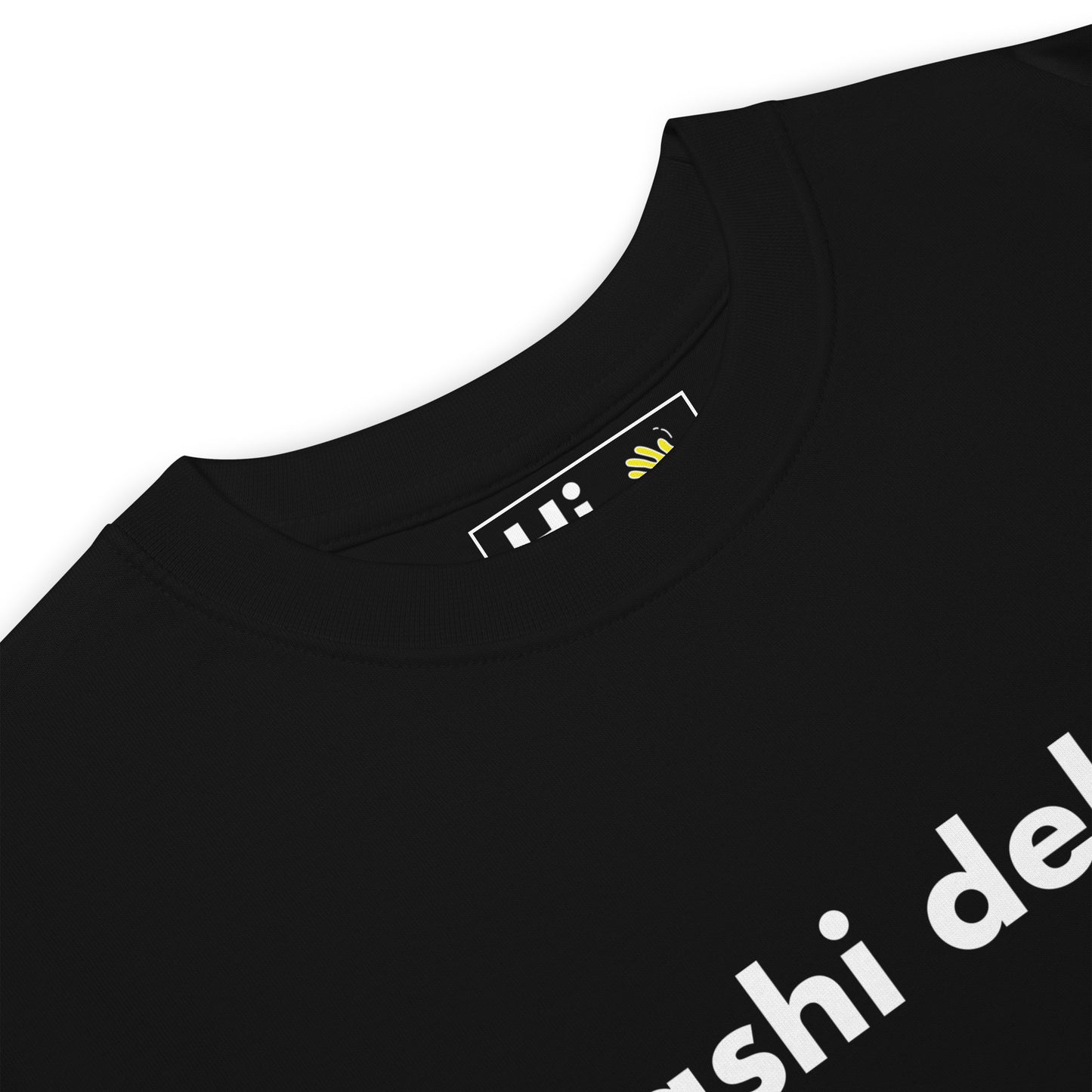 Hi Tashi Delek Tibetan Greeting T shirt in black front detail
