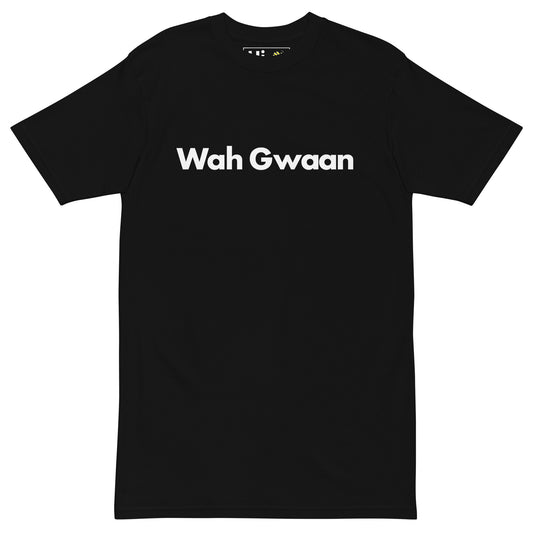 Hi Wah Gwaan Jamaican Greeting T shirt in black, front
