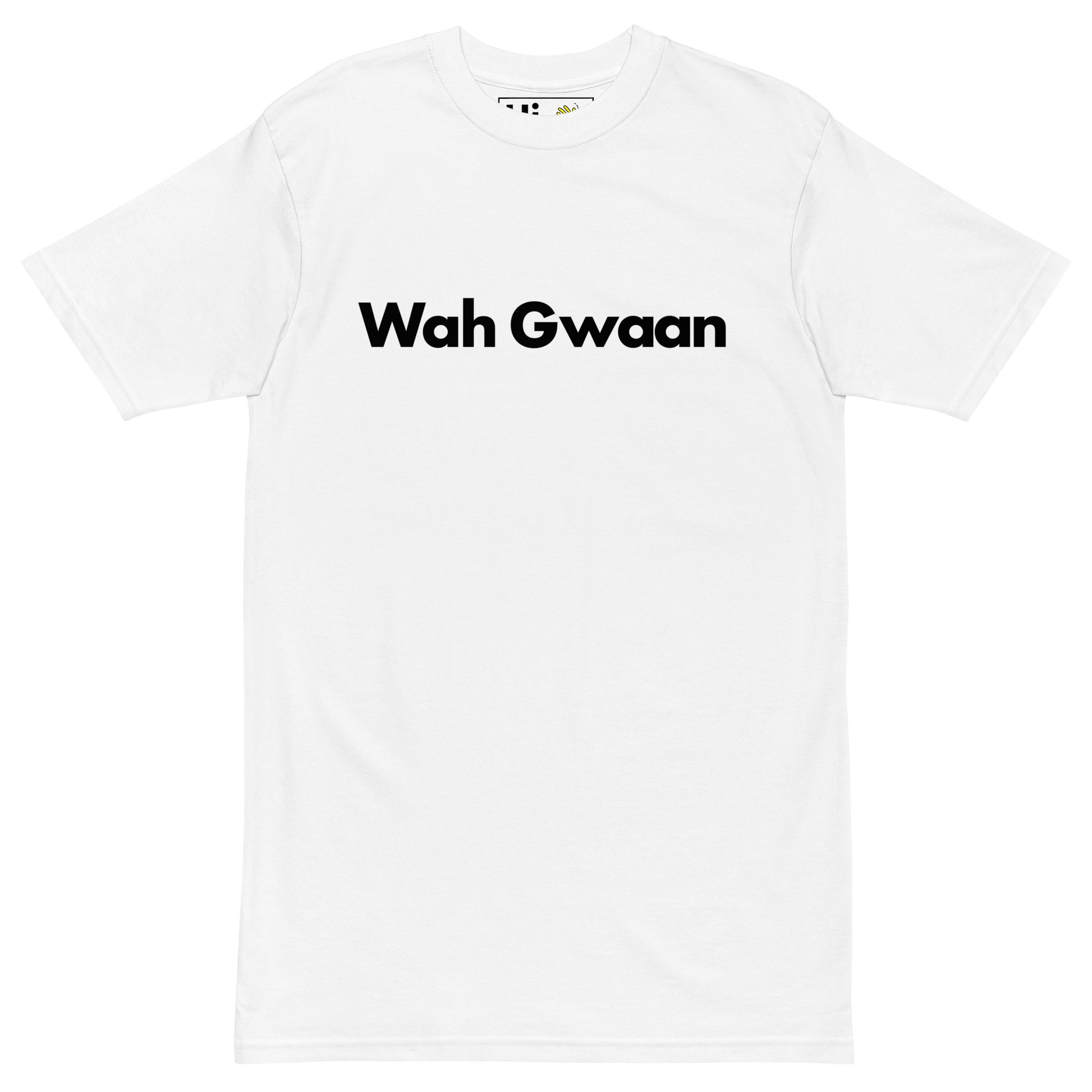 Hi Wah Gwaan Jamaican Greeting T shirt in white, front