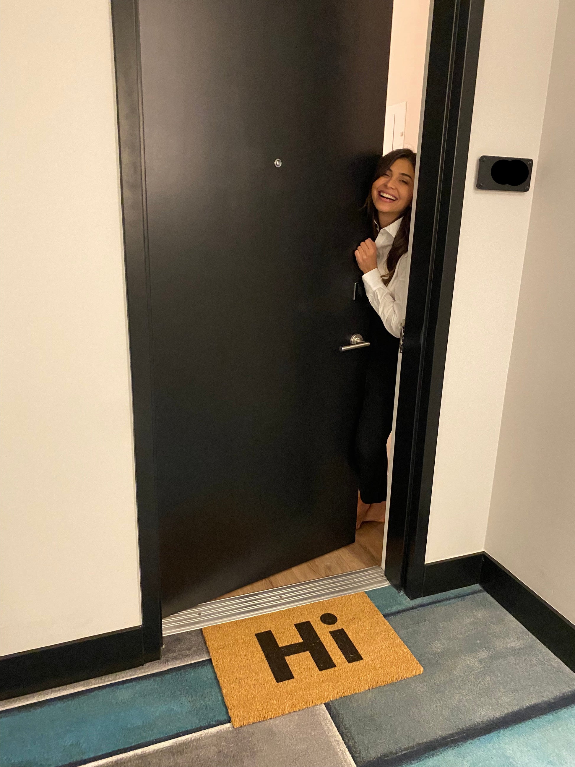 Hi Welcome Mat Rosa greets at the door