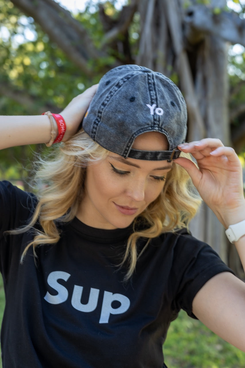 Hi and Yo Vintage Cap in charcoal grey, modeled by Jen Halvorson