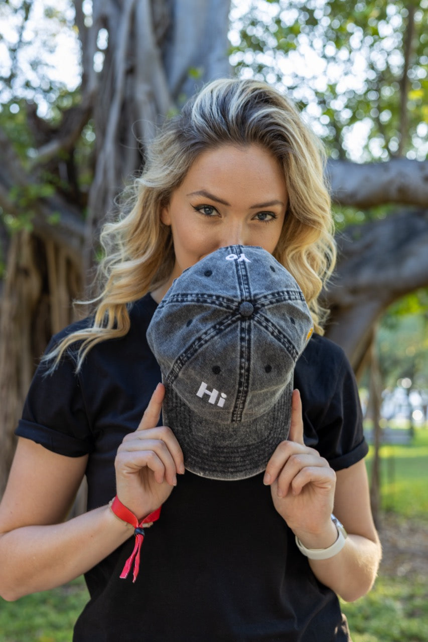 Hi and Yo Vintage Cap in charcoal grey, modeled by Jen Halvorson