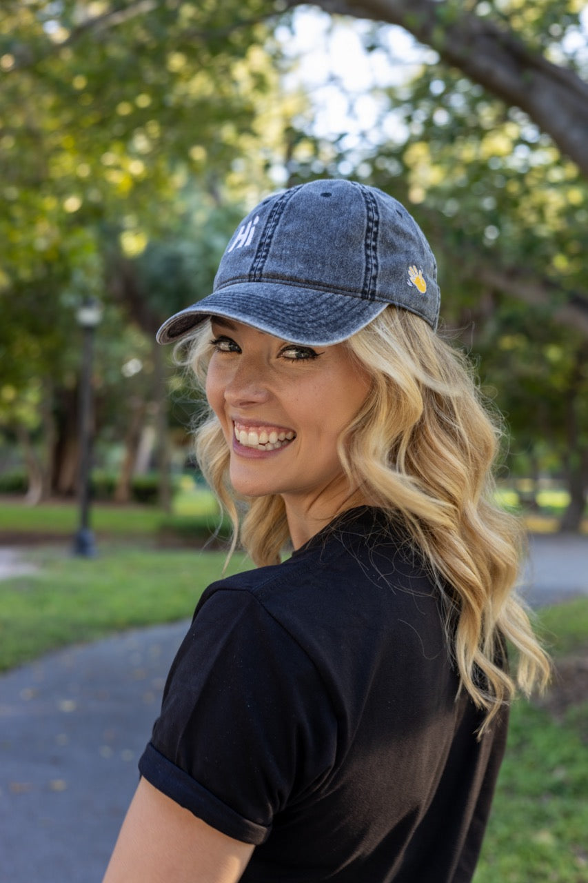 Hi and Yo Vintage Cap in charcoal grey, modeled by Jen Halvorson