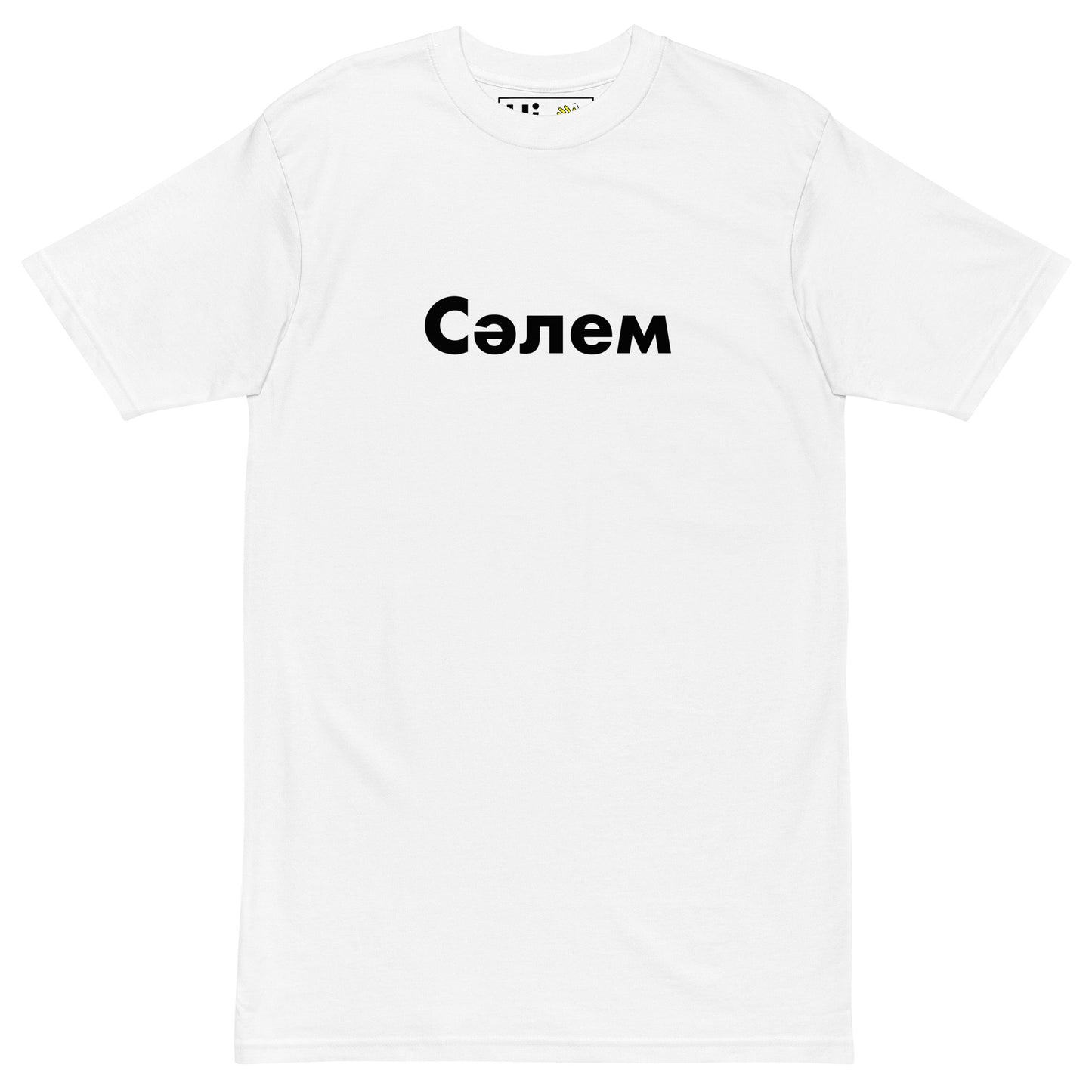 Hi in Kazakh Salem Greeting T Shirt in white, Сәлем written in Cyrillic script is pronounced "Salem"