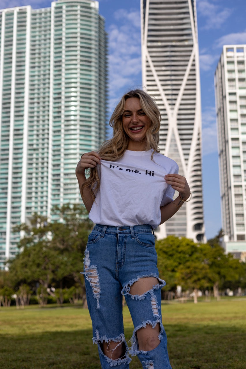 Hi its me Taylor Swift Concert Greeting T Shirt in white, modeled by Hi Kara Gault photographed by Johnny Michael in Miami, Florda