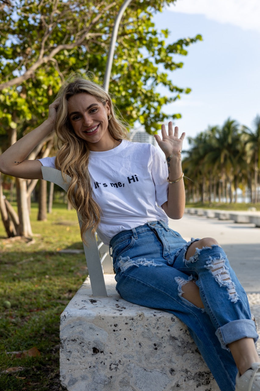 Hi its me Taylor Swift Concert Greeting T Shirt in white, modeled by Hi Kara Gault photographed by Johnny Michael in Miami, Florda