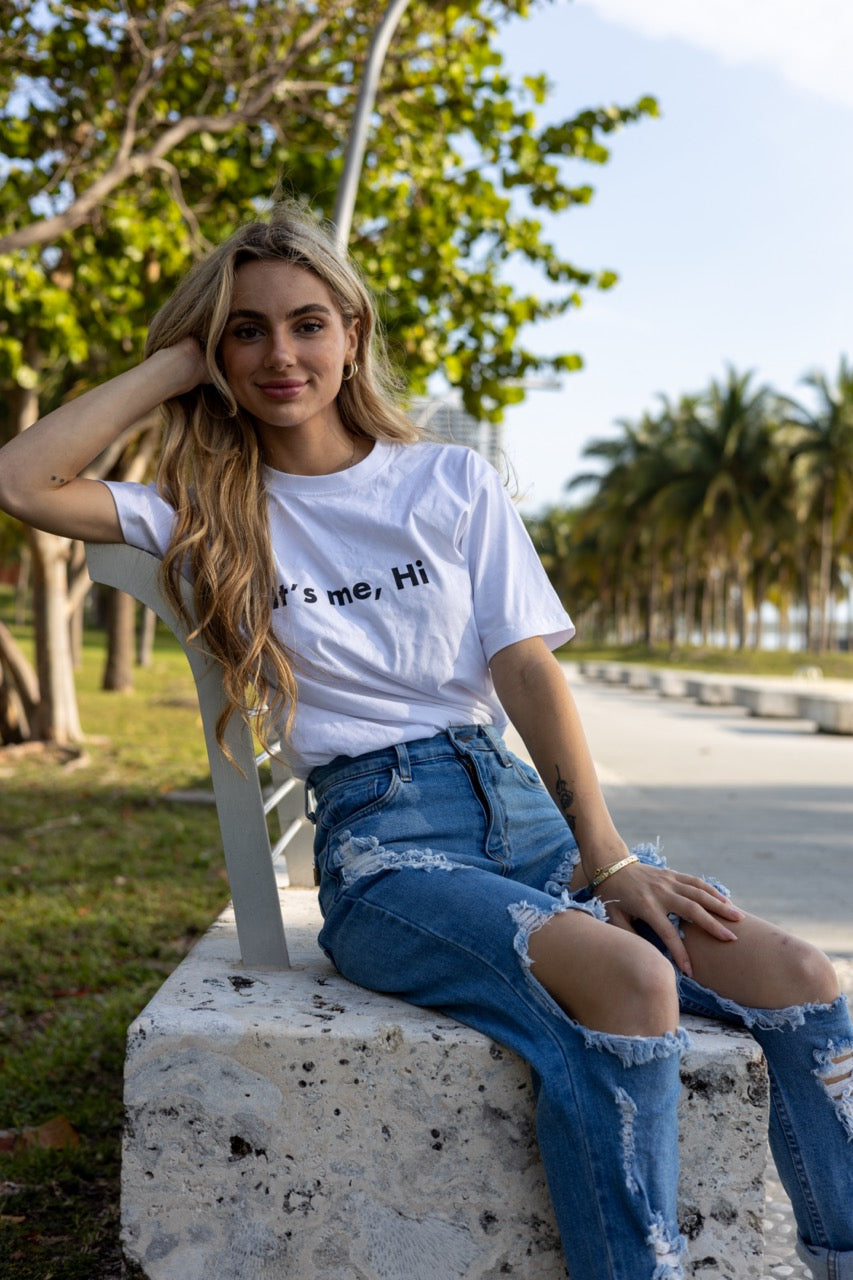 Hi its me Taylor Swift Concert Greeting T Shirt in white, modeled by Hi Kara Gault photographed by Johnny Michael in Miami, Florda