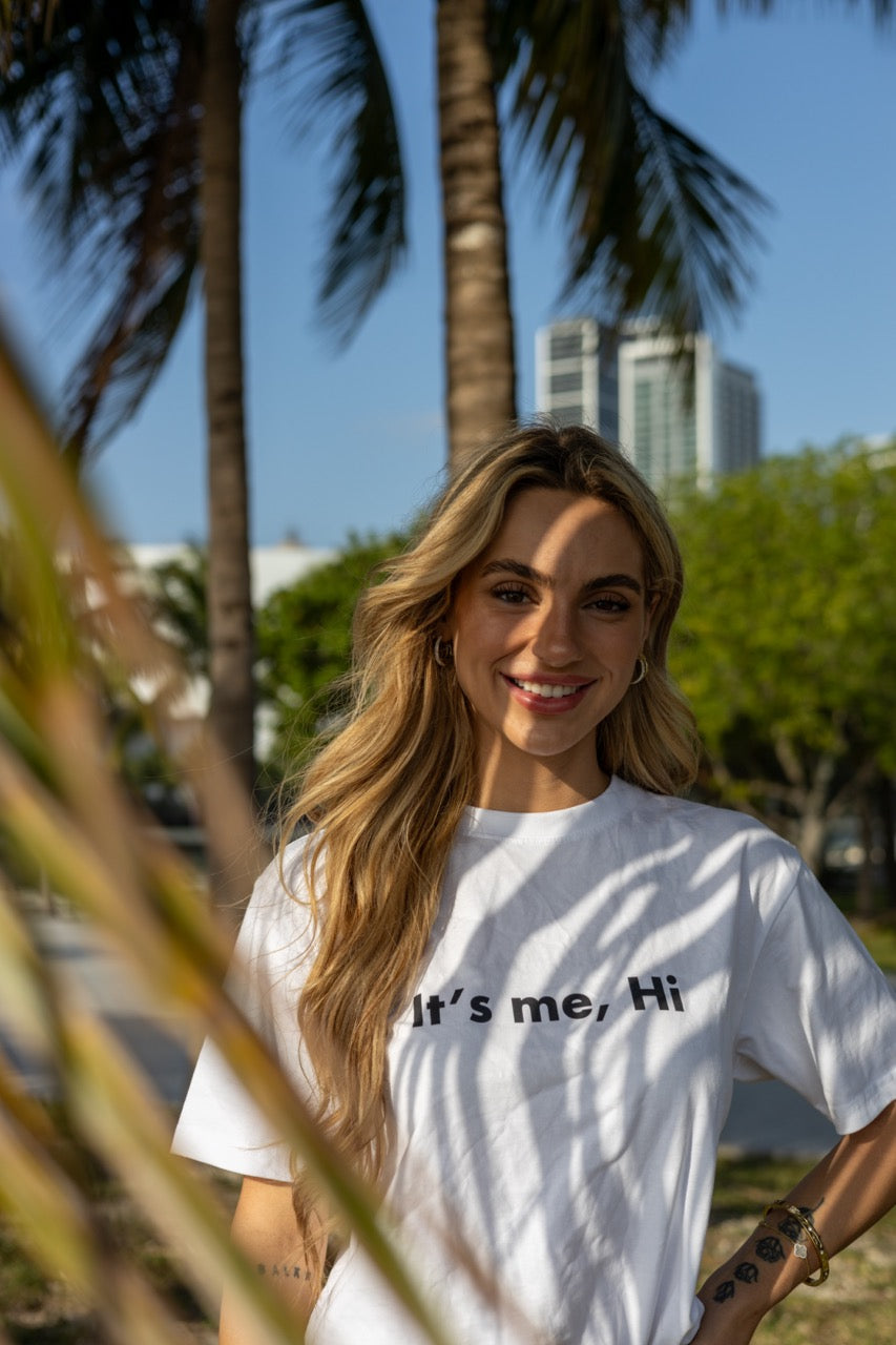 Hi its me Taylor Swift Concert Greeting T Shirt in white, modeled by Kara Gault photographed by Johnny Michael in Miami, Florda
