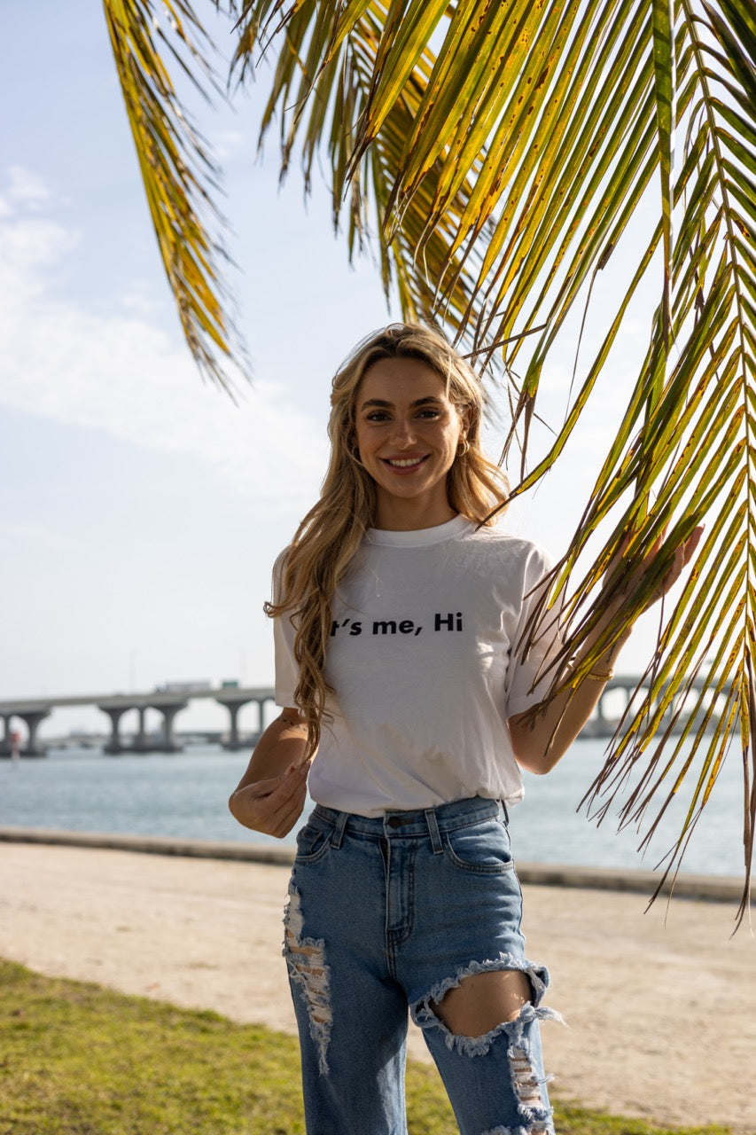 Hi its me Taylor Swift Concert Greeting T Shirt in white, modeled by Kara Gault photographed by Johnny Michael in Miami, Florda