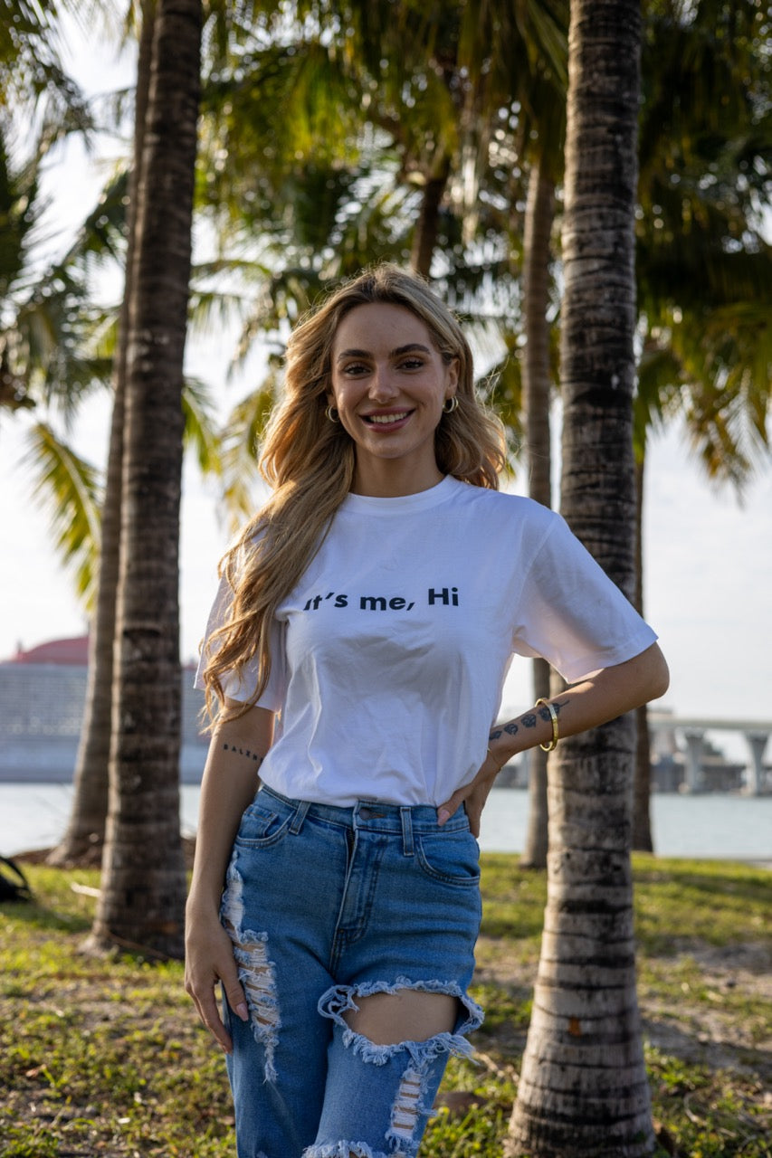 Hi its me Taylor Swift Concert Greeting T Shirt in white, modeled by Hi Kara Gault photographed by Johnny Michael in Miami, Florda