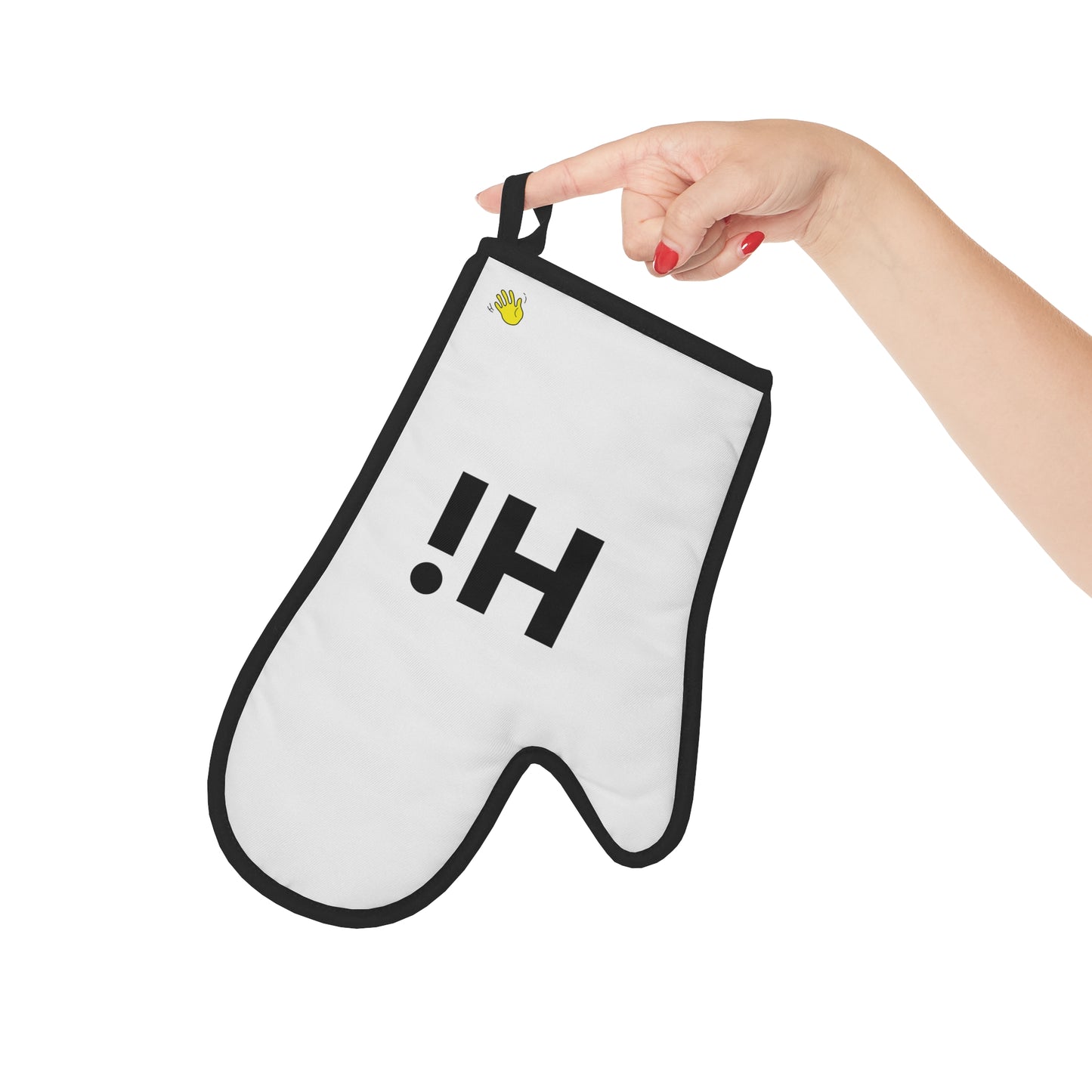 Hi oven mitt hanging loop detail showing product upside down