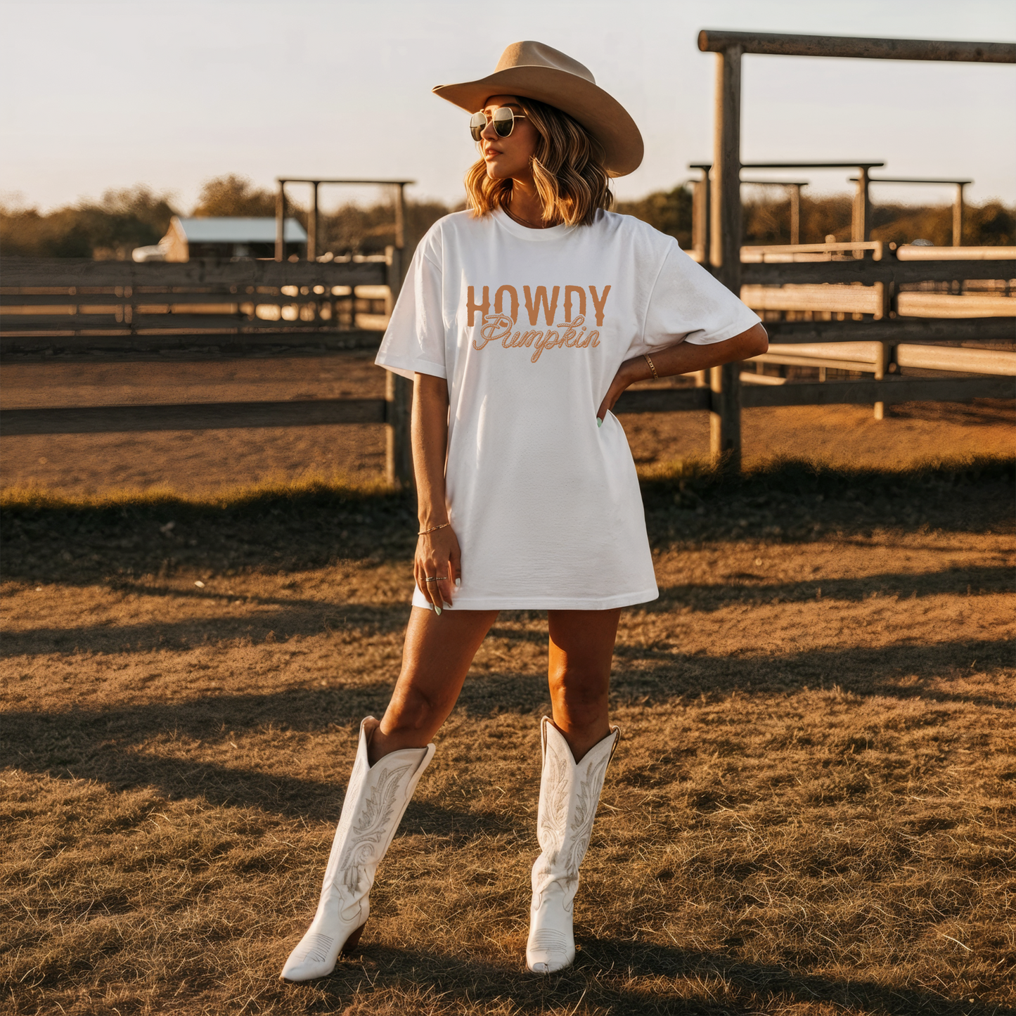 Woman in a white t-shirt with 'HOWDY Pumpkin' text, cowboy hat, and white boots standing in a field.