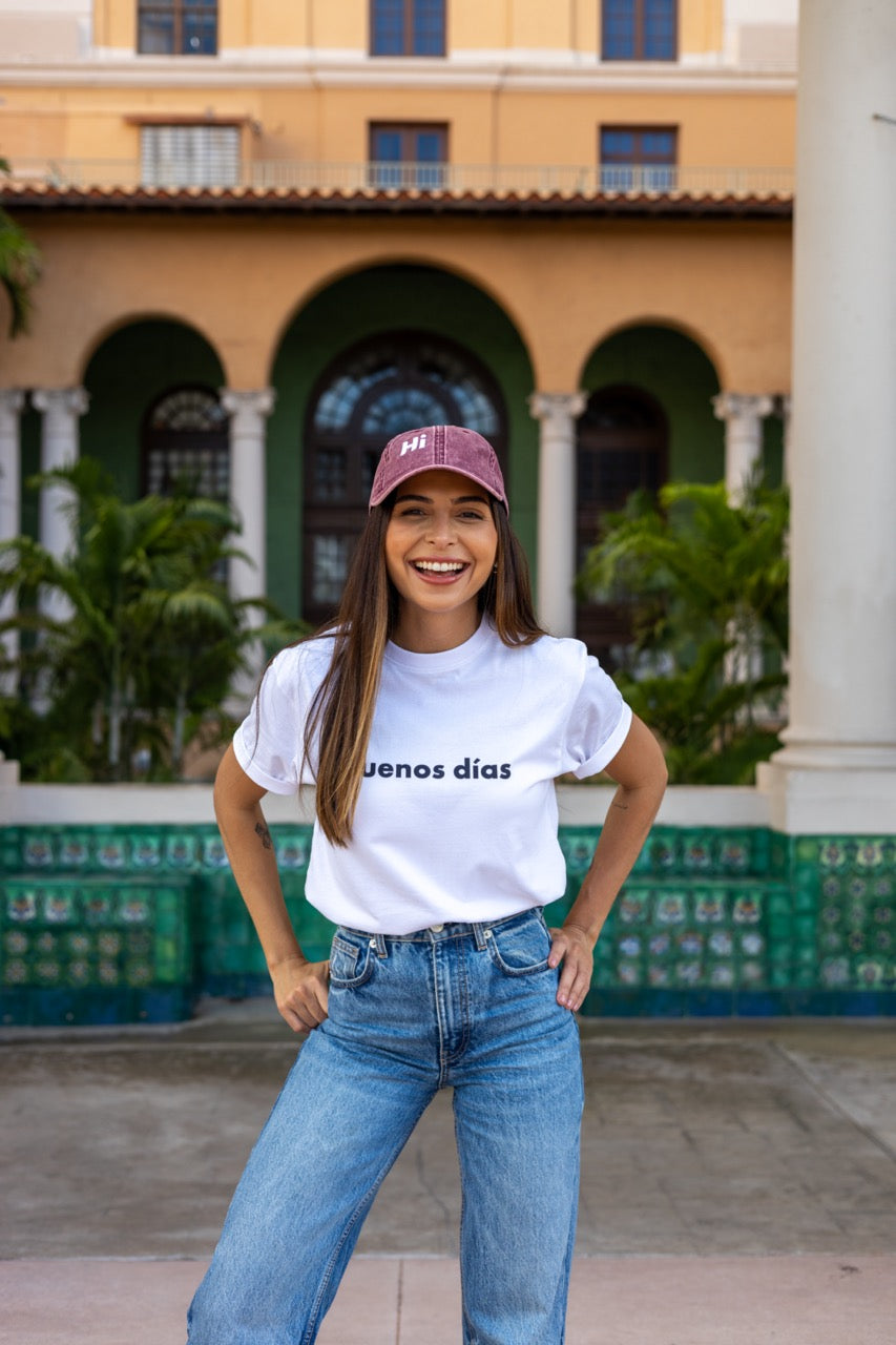 Hi Heyyyyy Vintage Hat in maroon, modeled by Rosa at the Biltmore in Coral Gables, Florida