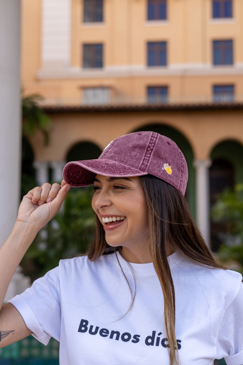 Hi Heyyyyy Vintage Hat in maroon, modeled by Rosa at the Biltmore in Coral Gables, Florida