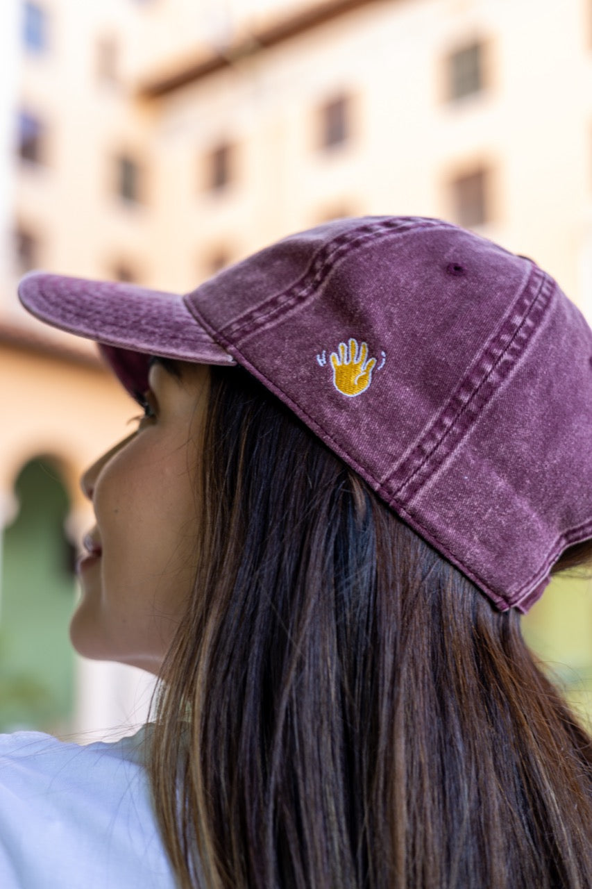 Hi Heyyyyy Vintage Hat in maroon, modeled by Rosa at the Biltmore in Coral Gables, Florida