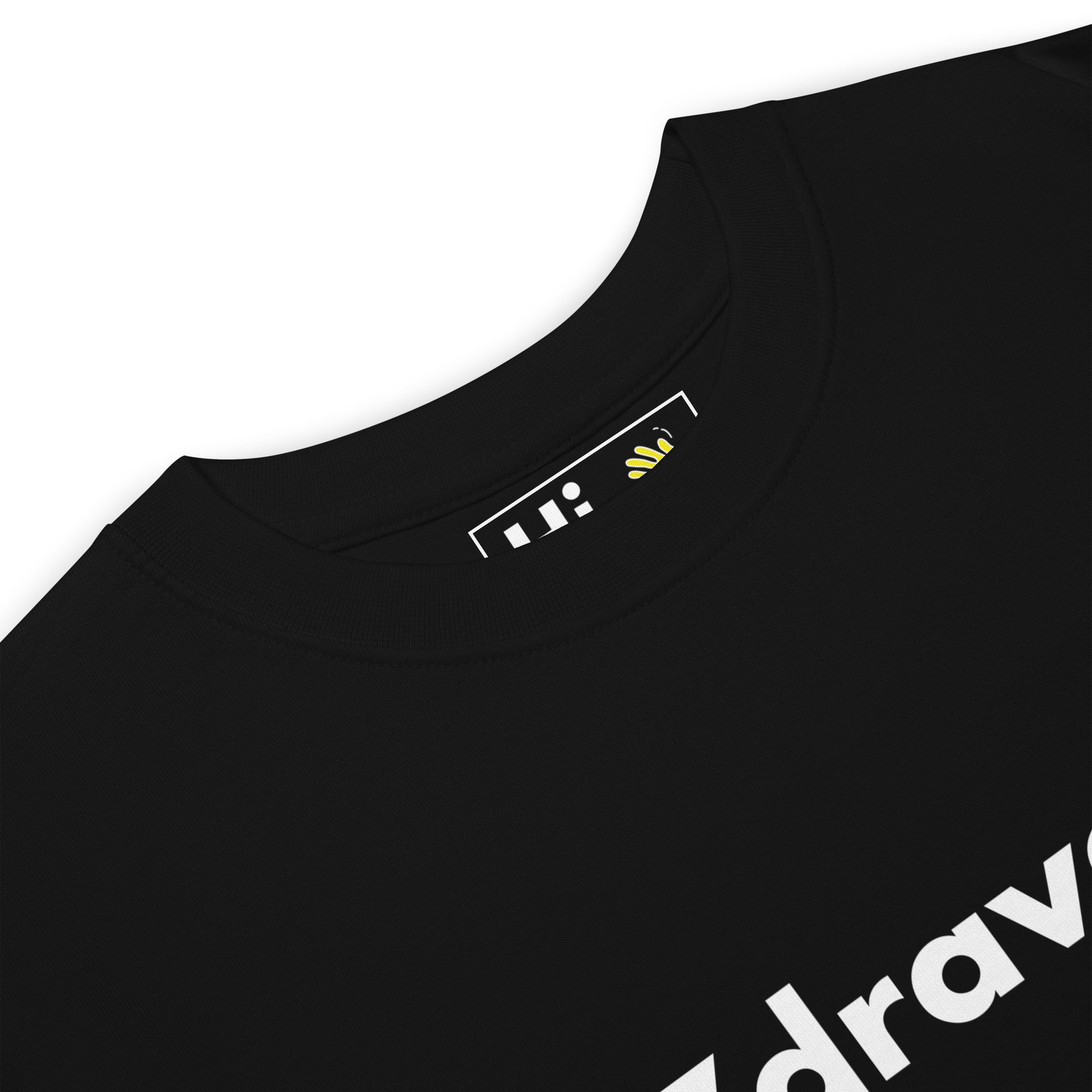 Zdravey Hi in Bulgarian Black T shirt from Happy interactions front detail, Zdravey means Hi in Bulgarian