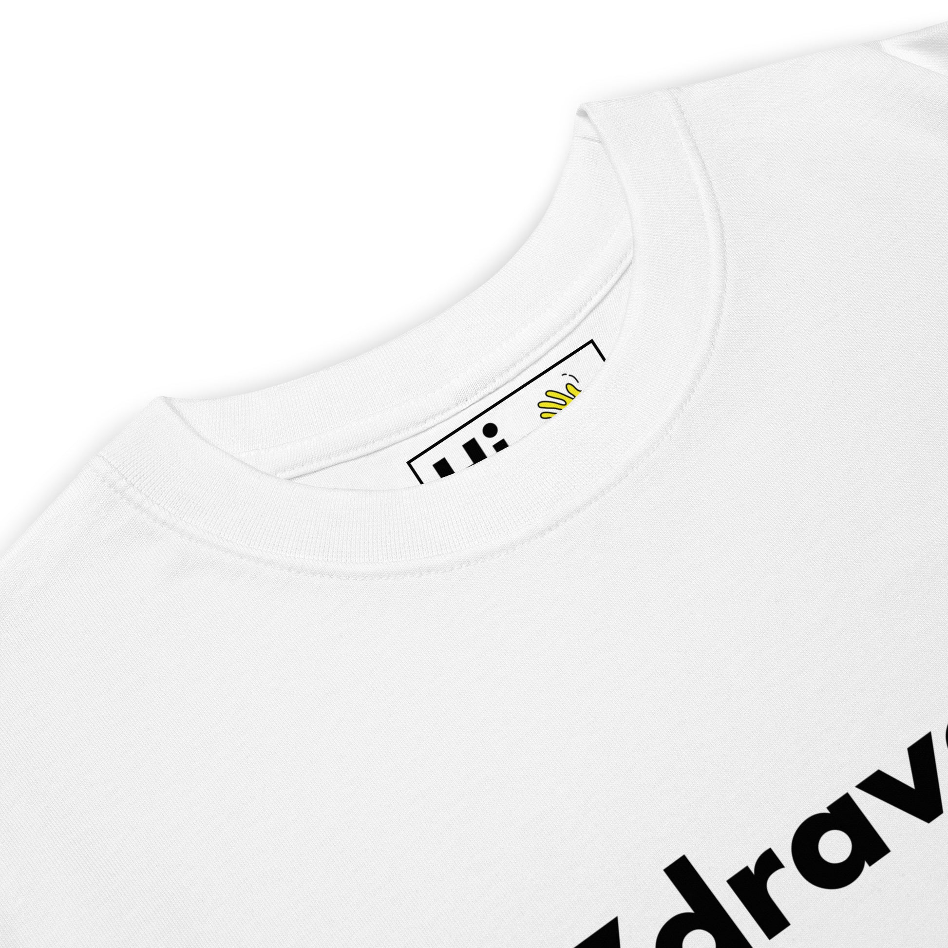 Zdravey Hi in Bulgarian White T shirt from Happy interactions front detail, Zdravey means Hi in Bulgarian