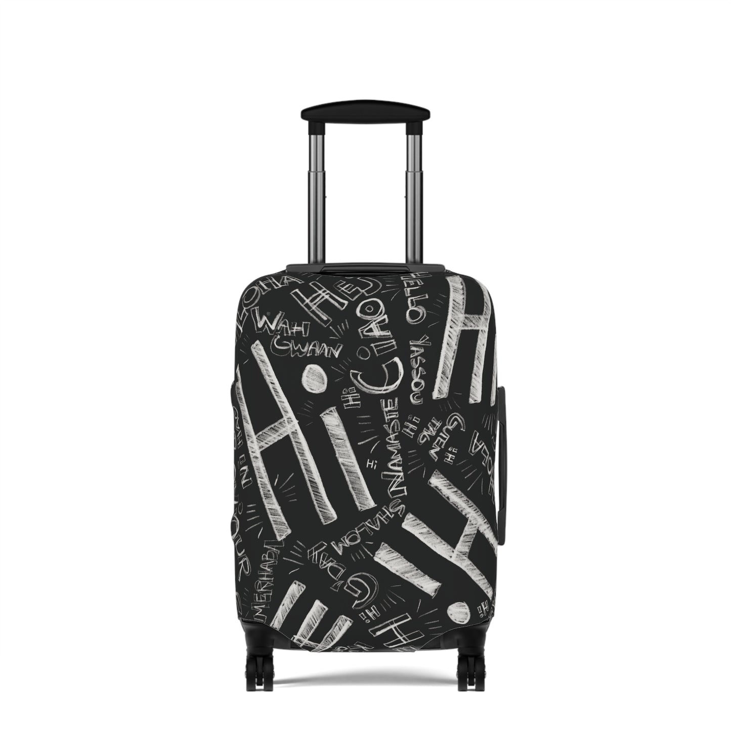 Hi Black suitcase with white text pattern on a white background