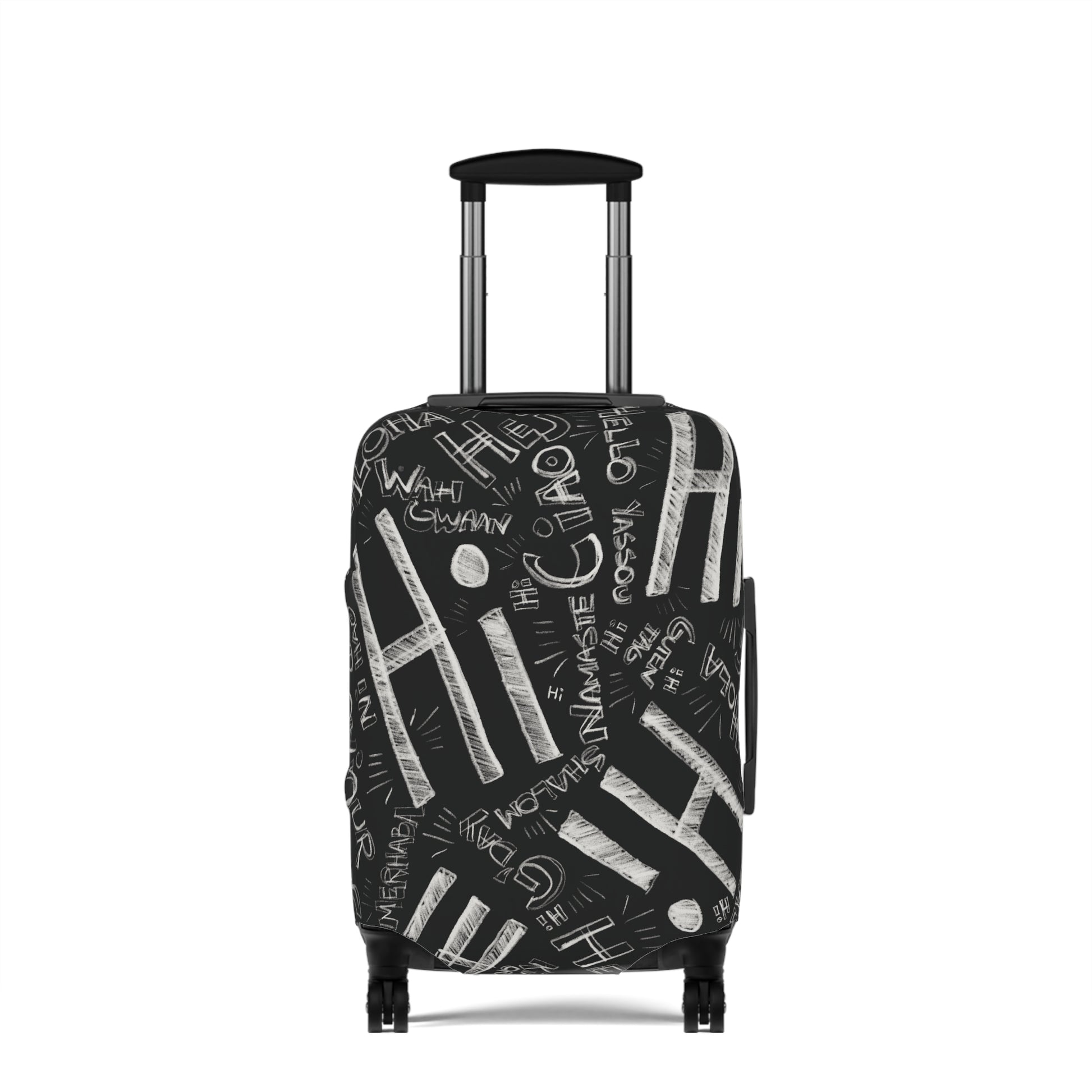 Hi Black suitcase with white text pattern on a white background