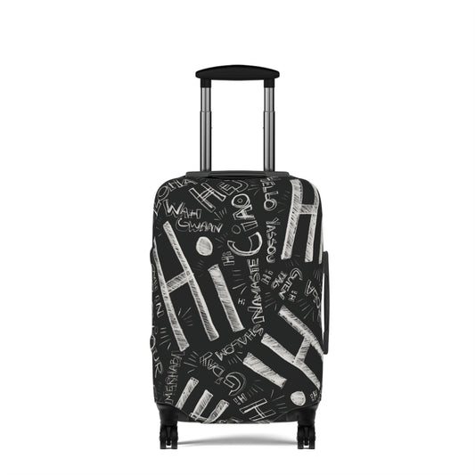 Hi Black suitcase with white text pattern on a white background