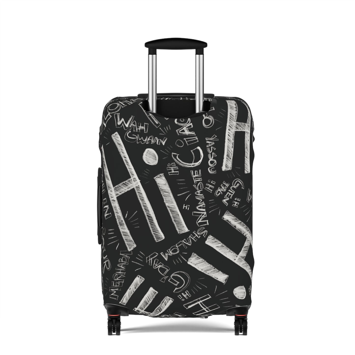 Hi Black suitcase with white text pattern on a white background