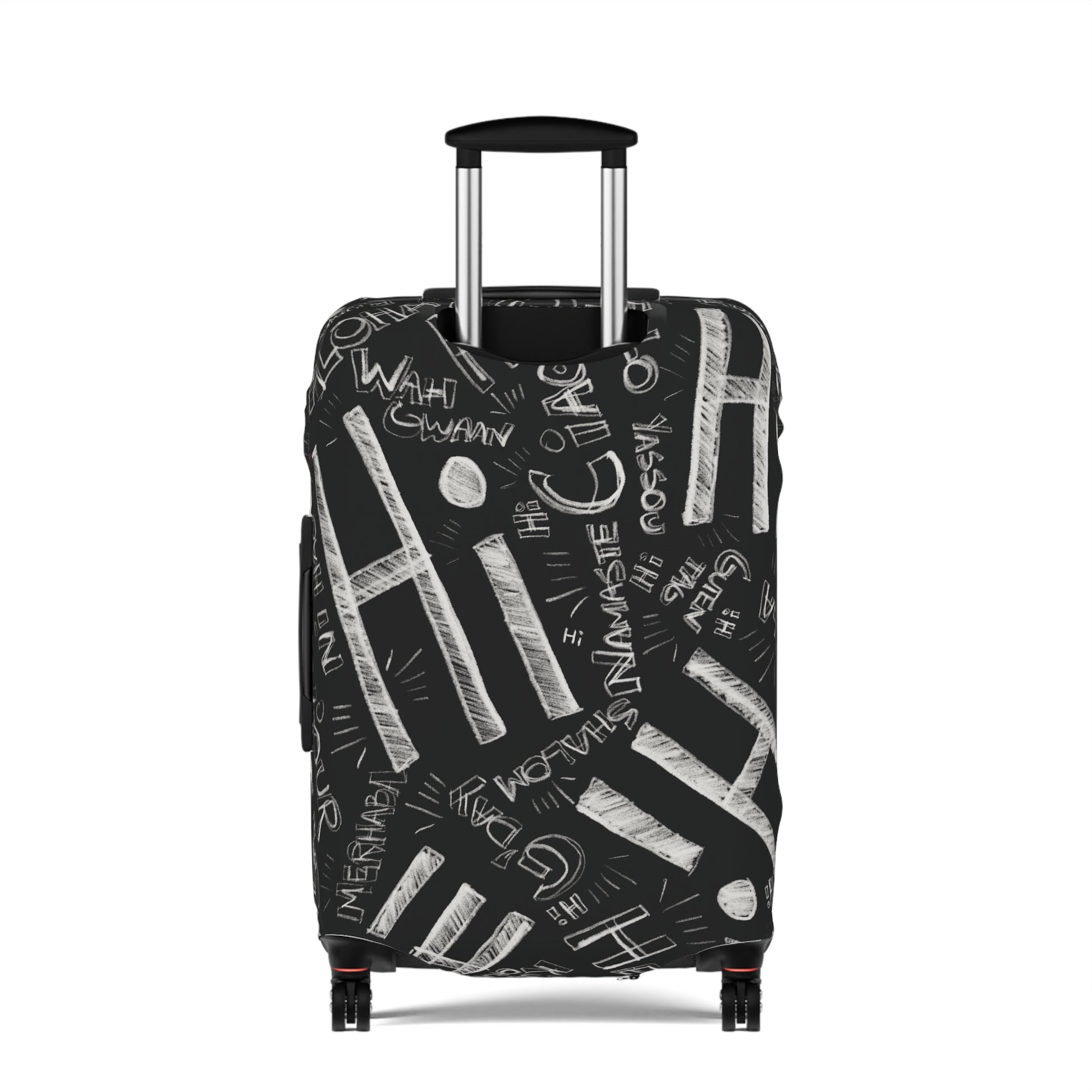 Hi Black suitcase with white text pattern on a white background