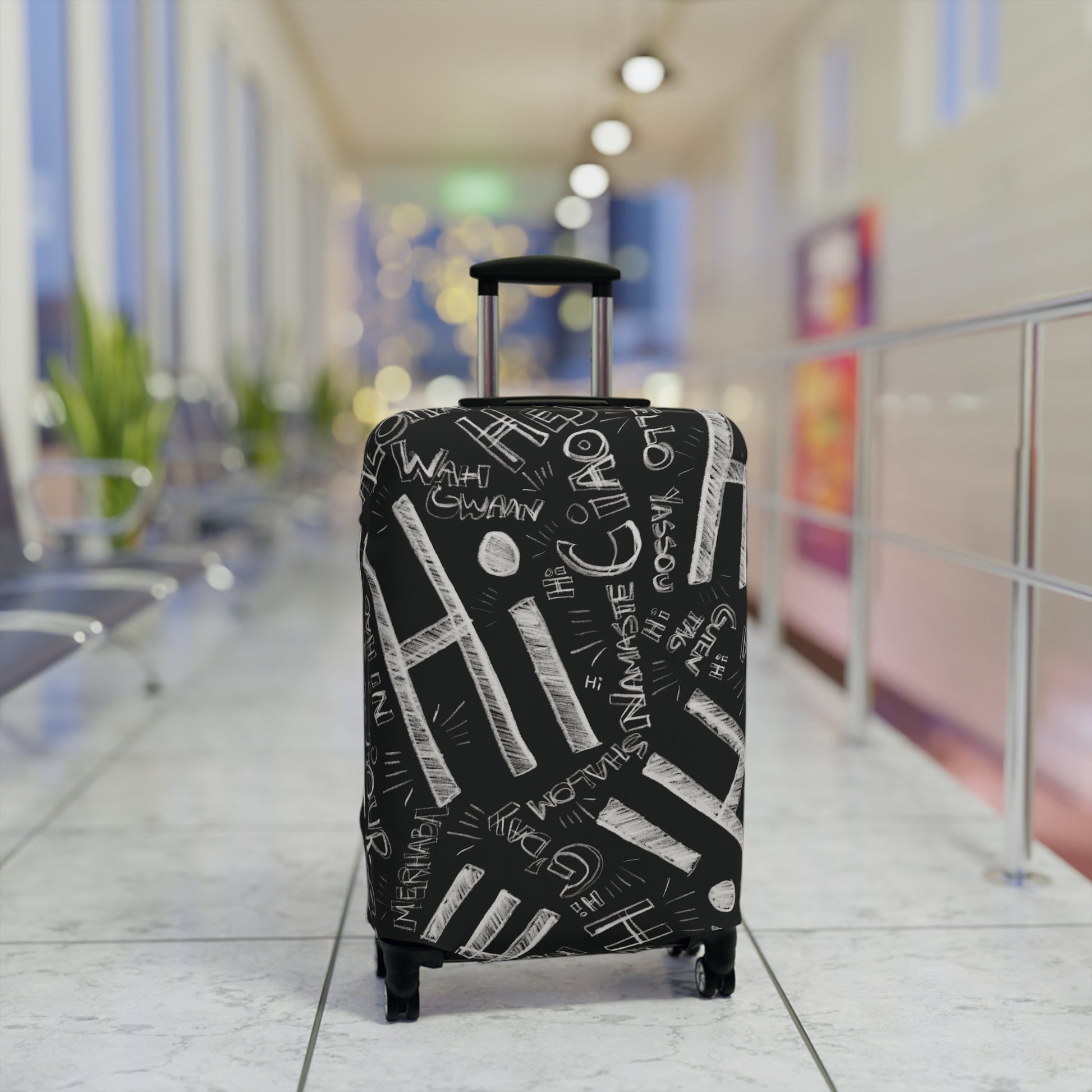 Hi Black suitcase with white text design in a modern indoor setting