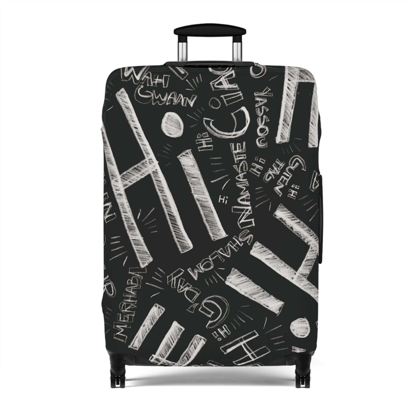 Hi Black suitcase with white text pattern on a white background