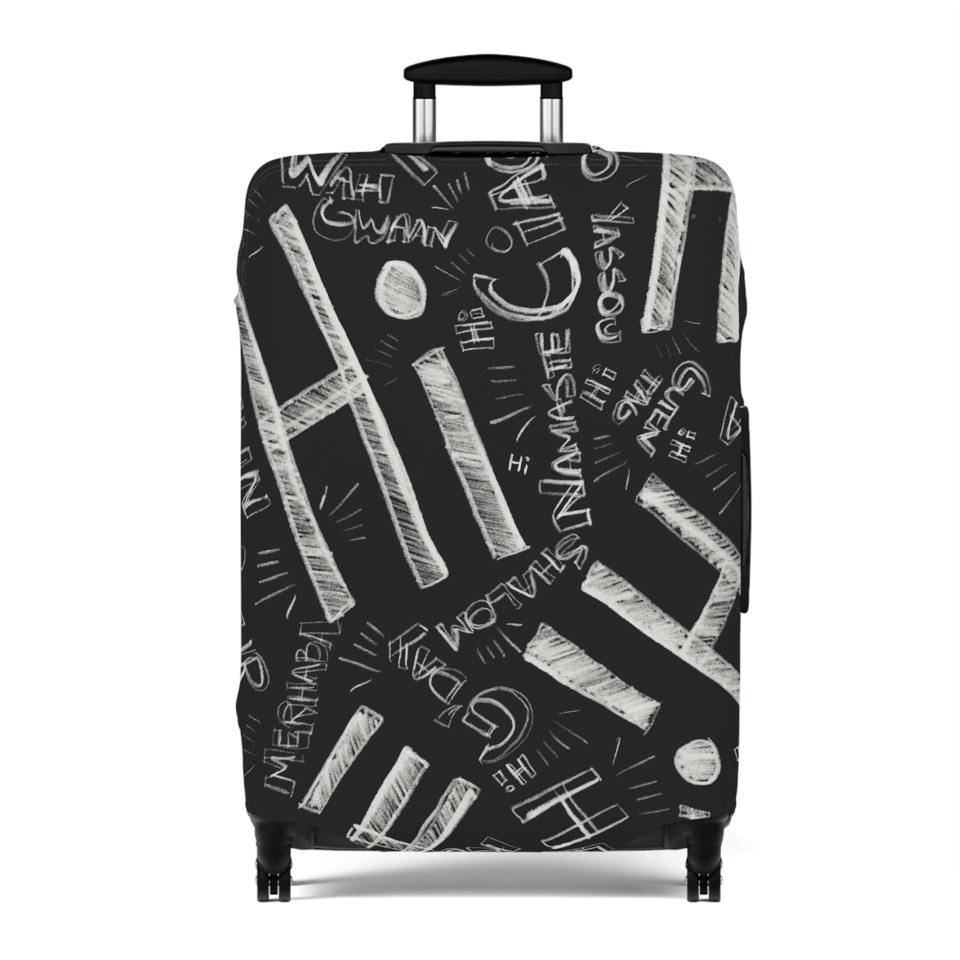 Hi Black suitcase with white text pattern on a white background