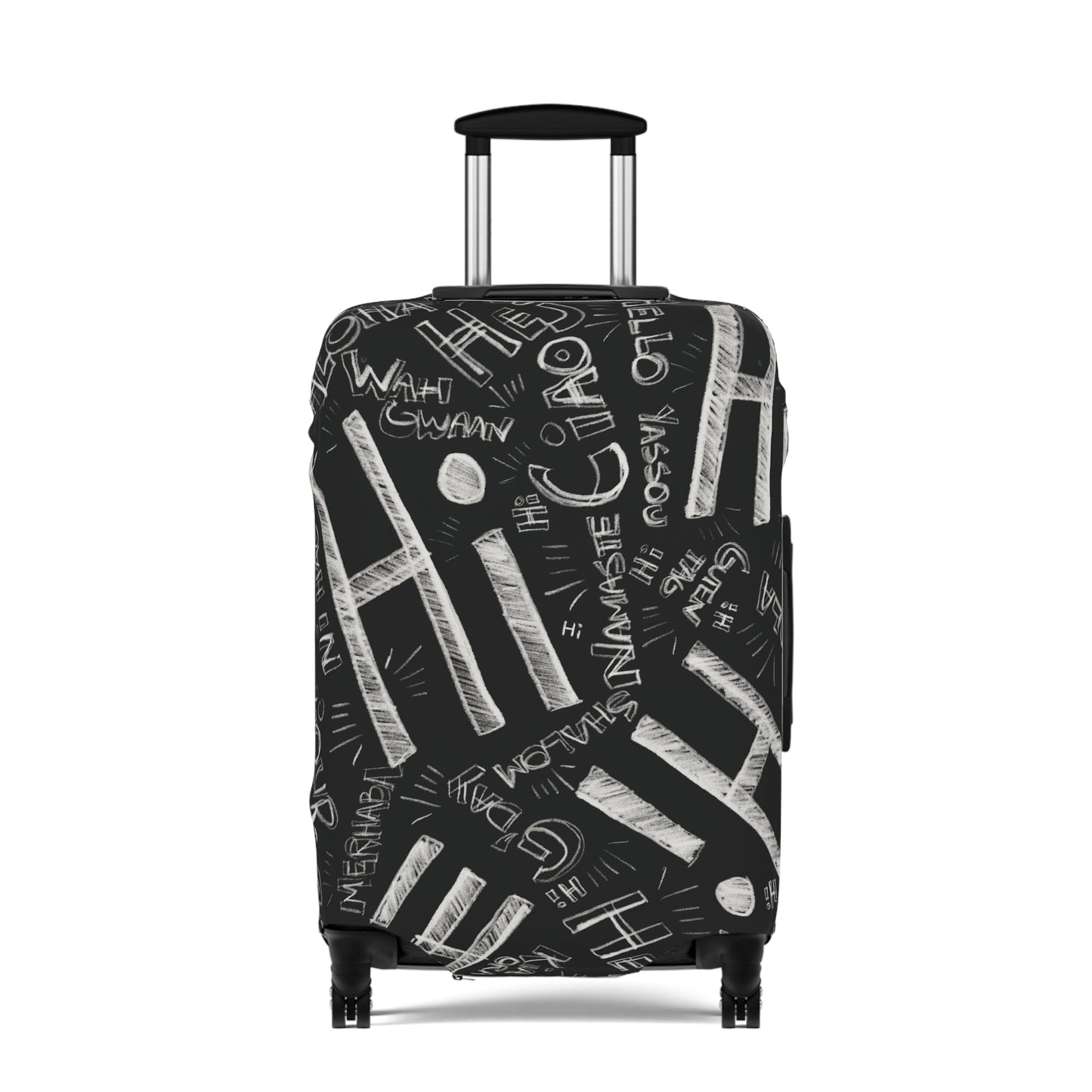 Hi Black suitcase with white text design on a white background