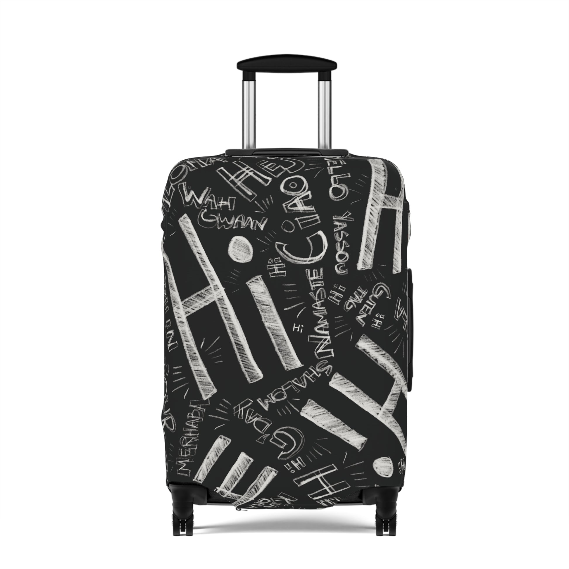 Hi Black suitcase with white text design on a white background