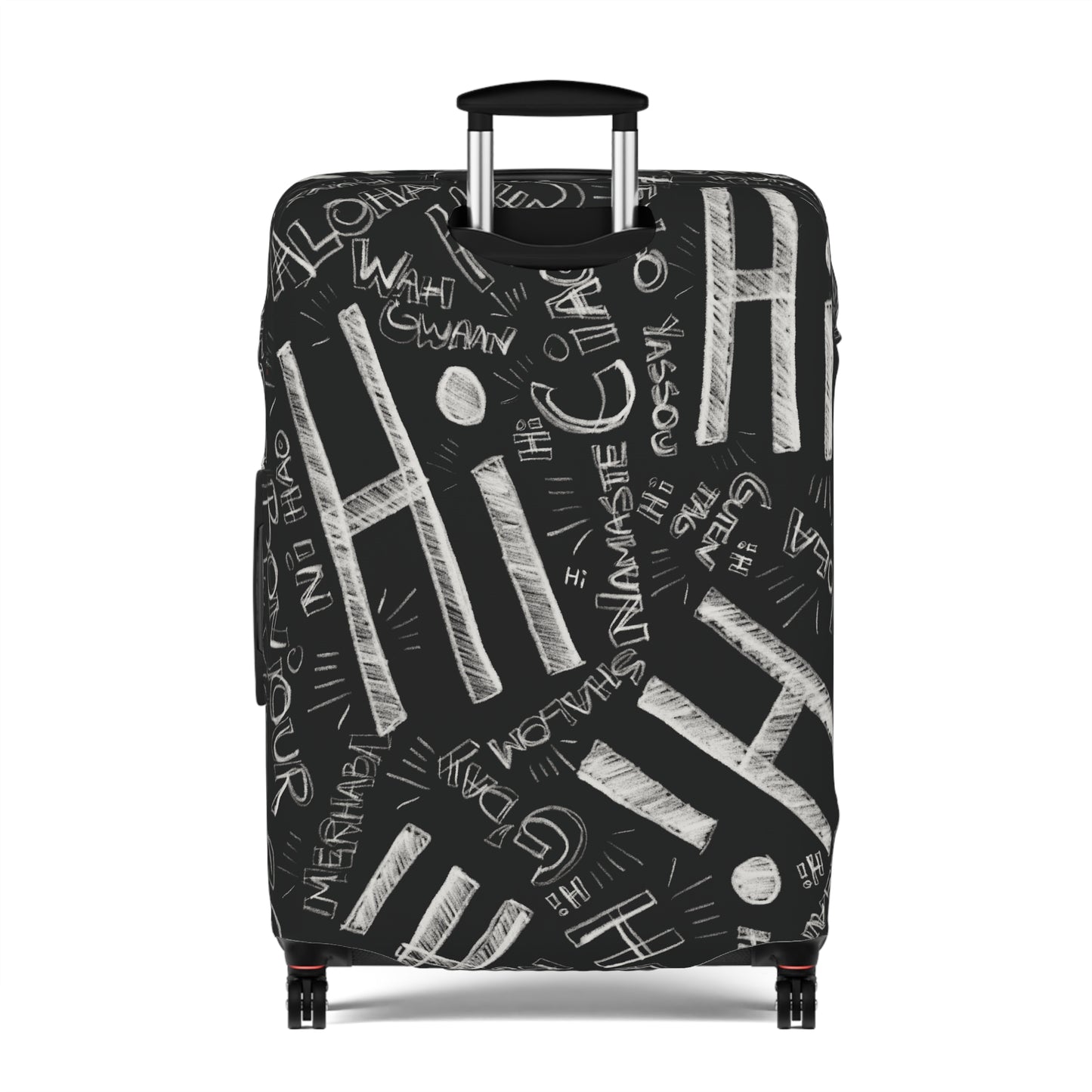 Hi Black suitcase with white text pattern on a white background