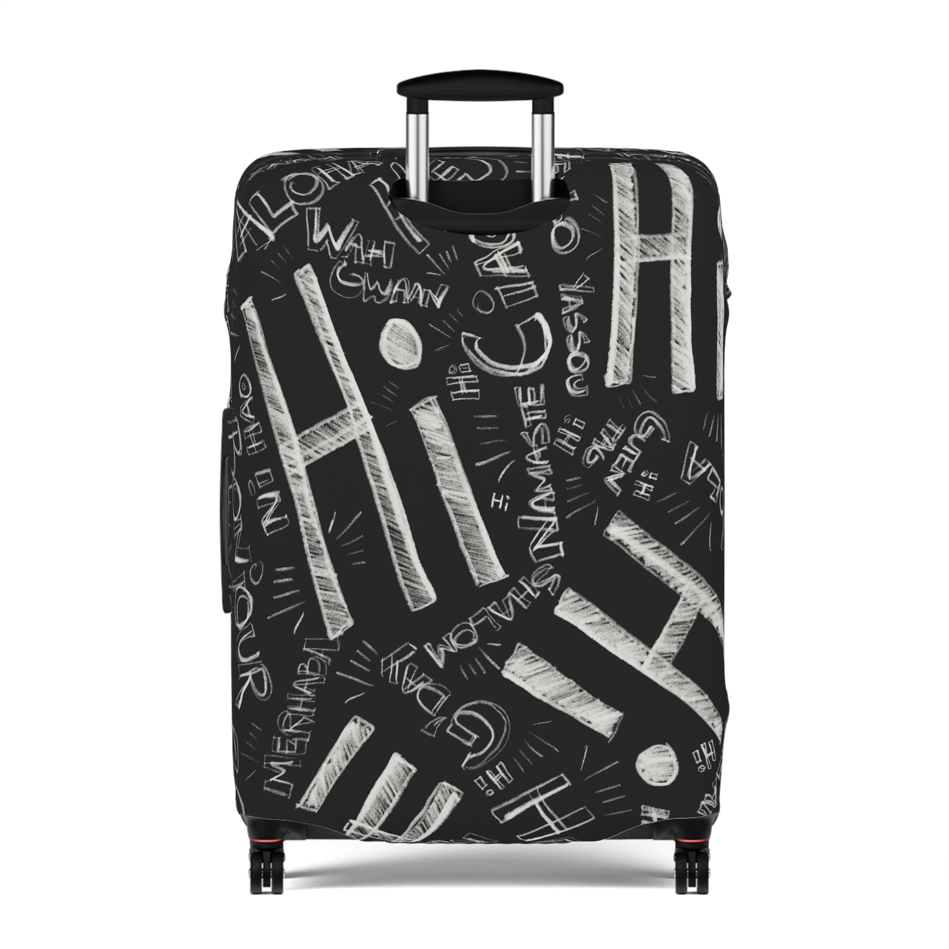 Hi Black suitcase with white text pattern on a white background