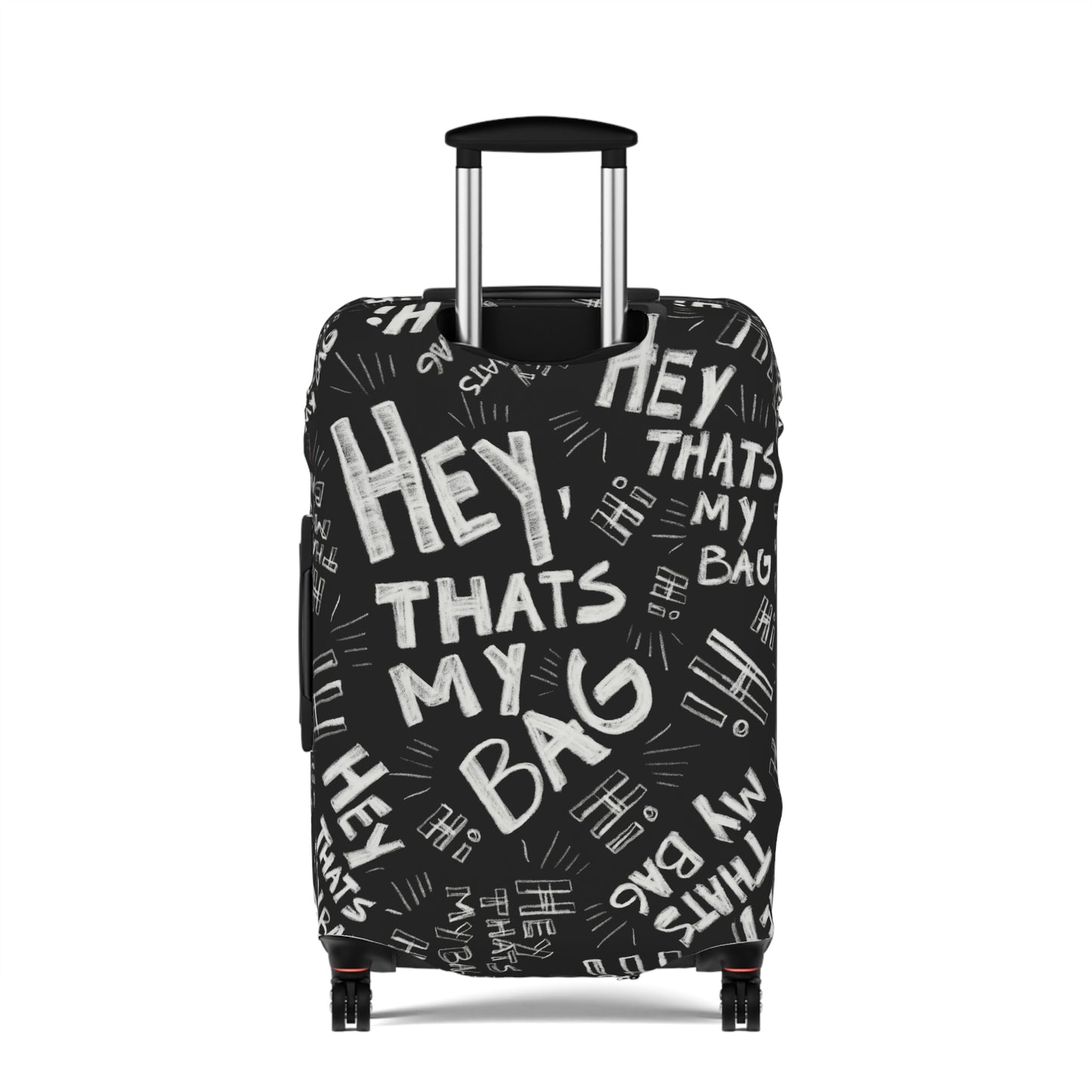 fun luggage cover, hey that's my bag Black suitcase with white text pattern on a white background
