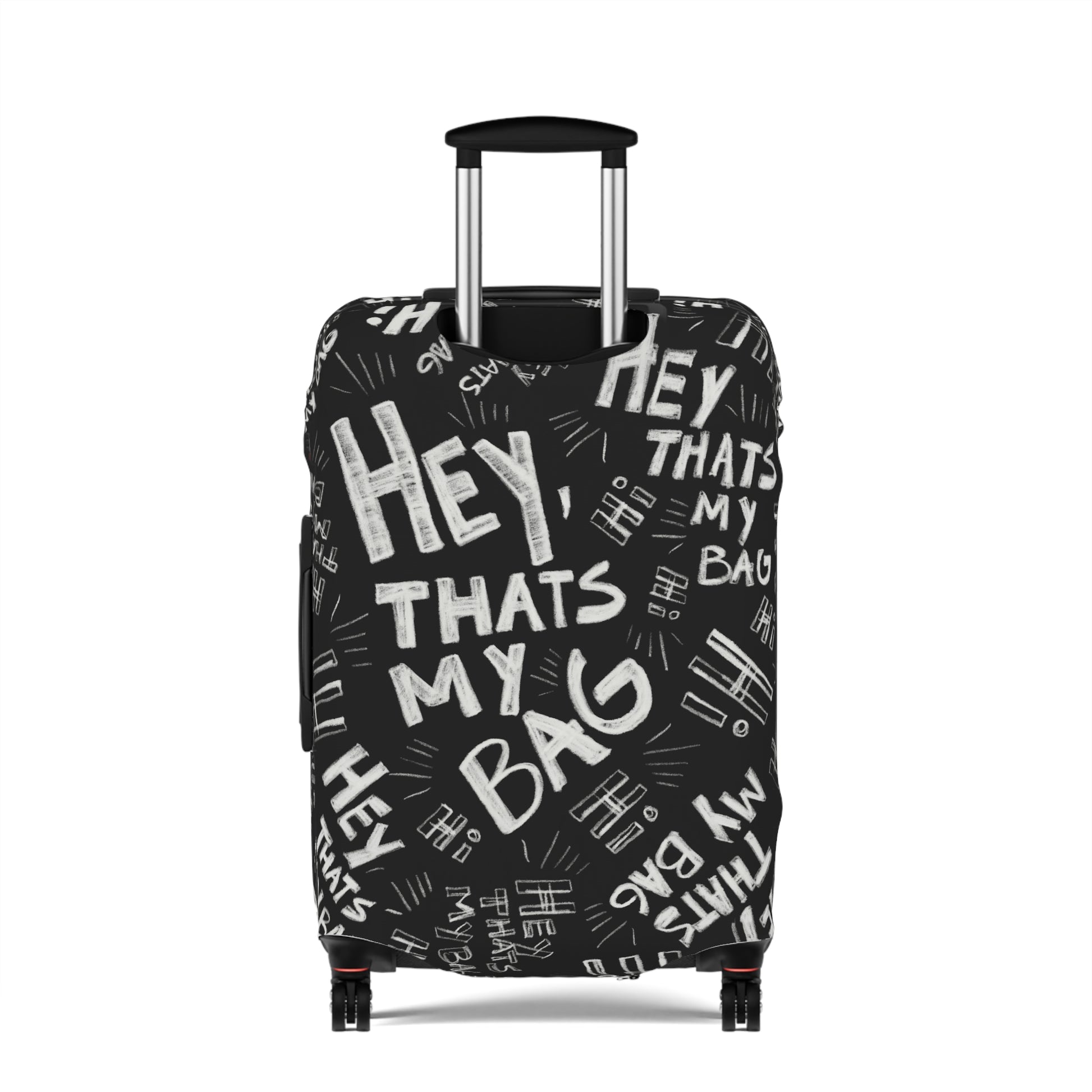 fun luggage cover, hey that's my bag Black suitcase with white text pattern on a white background