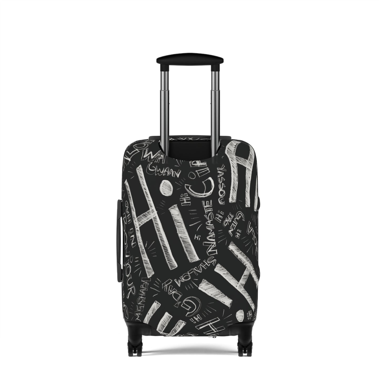 Hi Black suitcase with white text and graphics on a white background