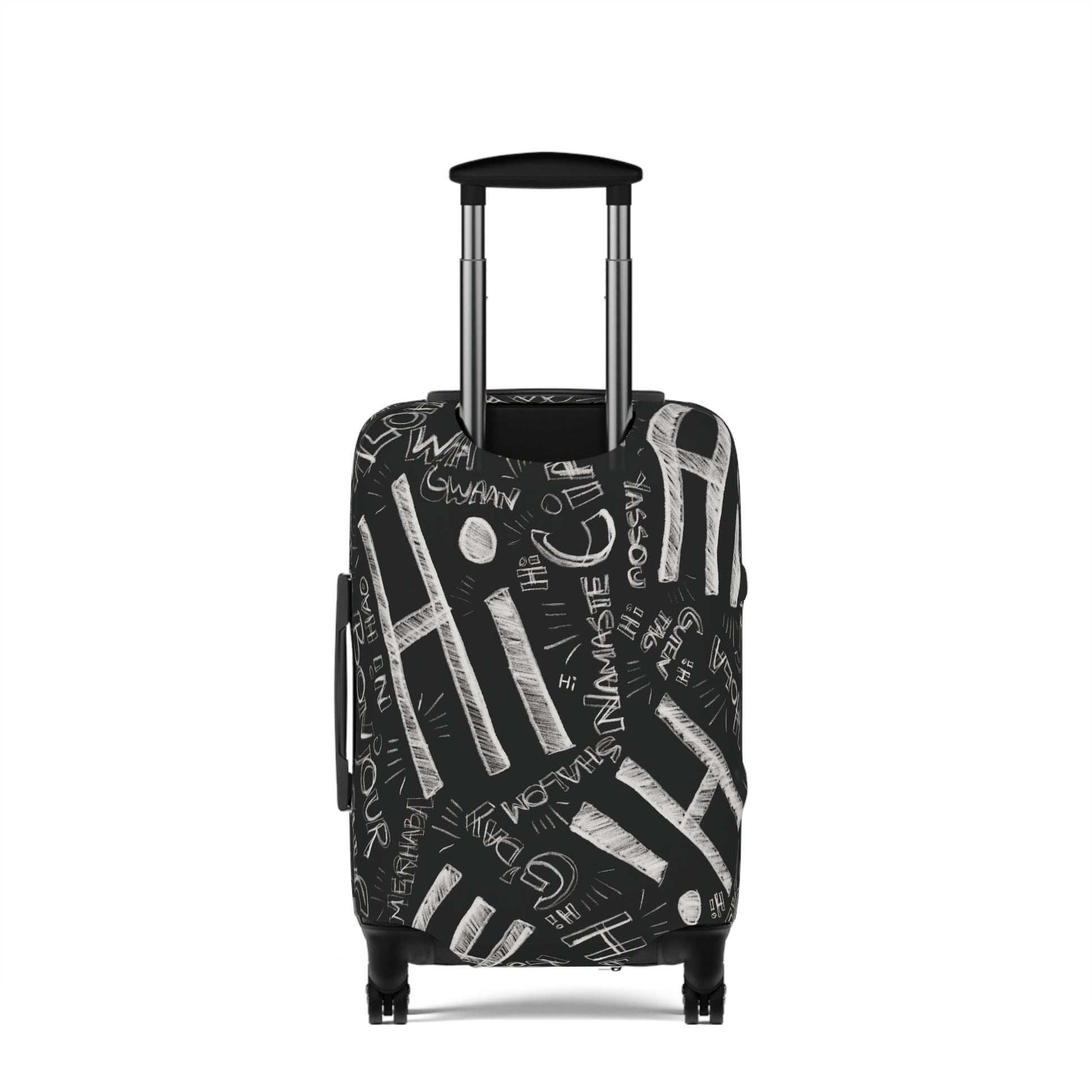 Hi Black suitcase with white text and graphics on a white background