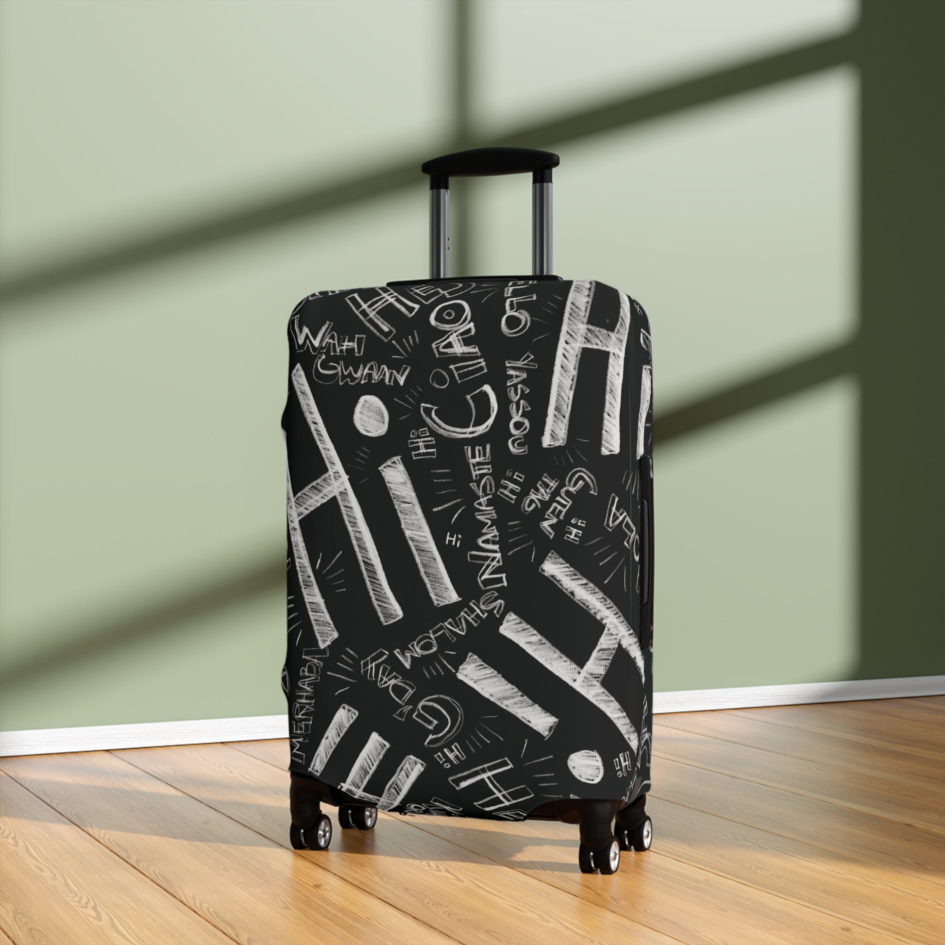 Hi Black suitcase with white text pattern on a wooden floor against a green wall